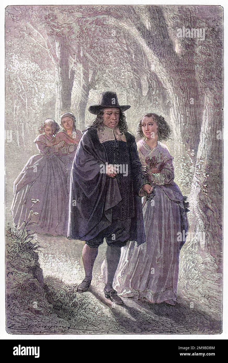 John Milton, blind, he walks with his daughters Stock Photo