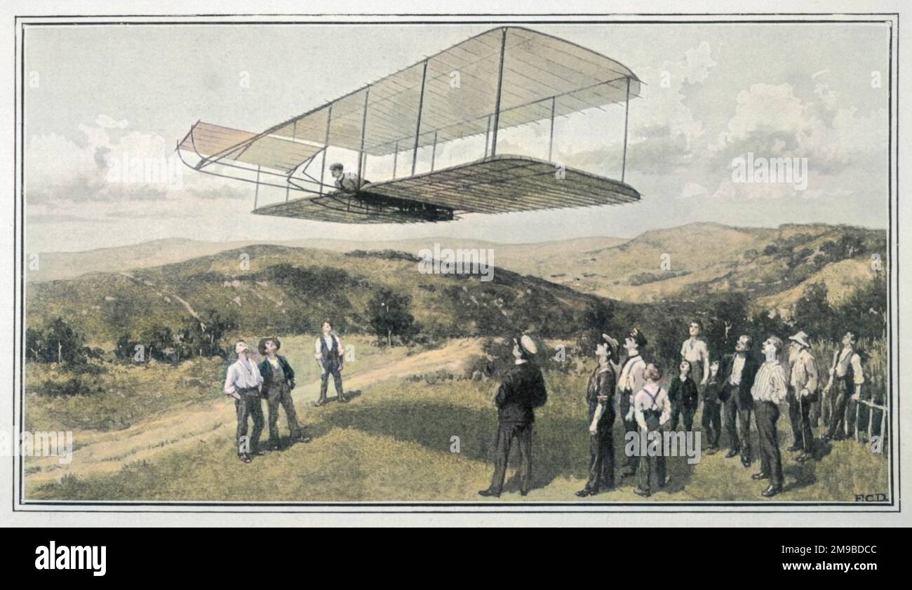 Orville and Wilbur Wright test unpowered gliders against the wind at Kitty Hawk. The first powered flight was achieved there on 17th December 1903 Stock Photo
