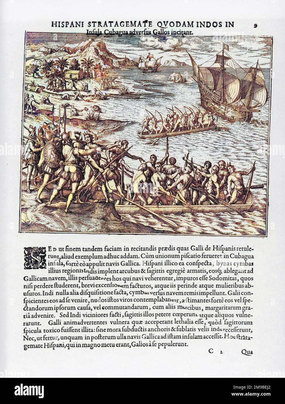 Spanish persuade the natives of Cubagua to defend the island against an attacking French vessel. Stock Photo