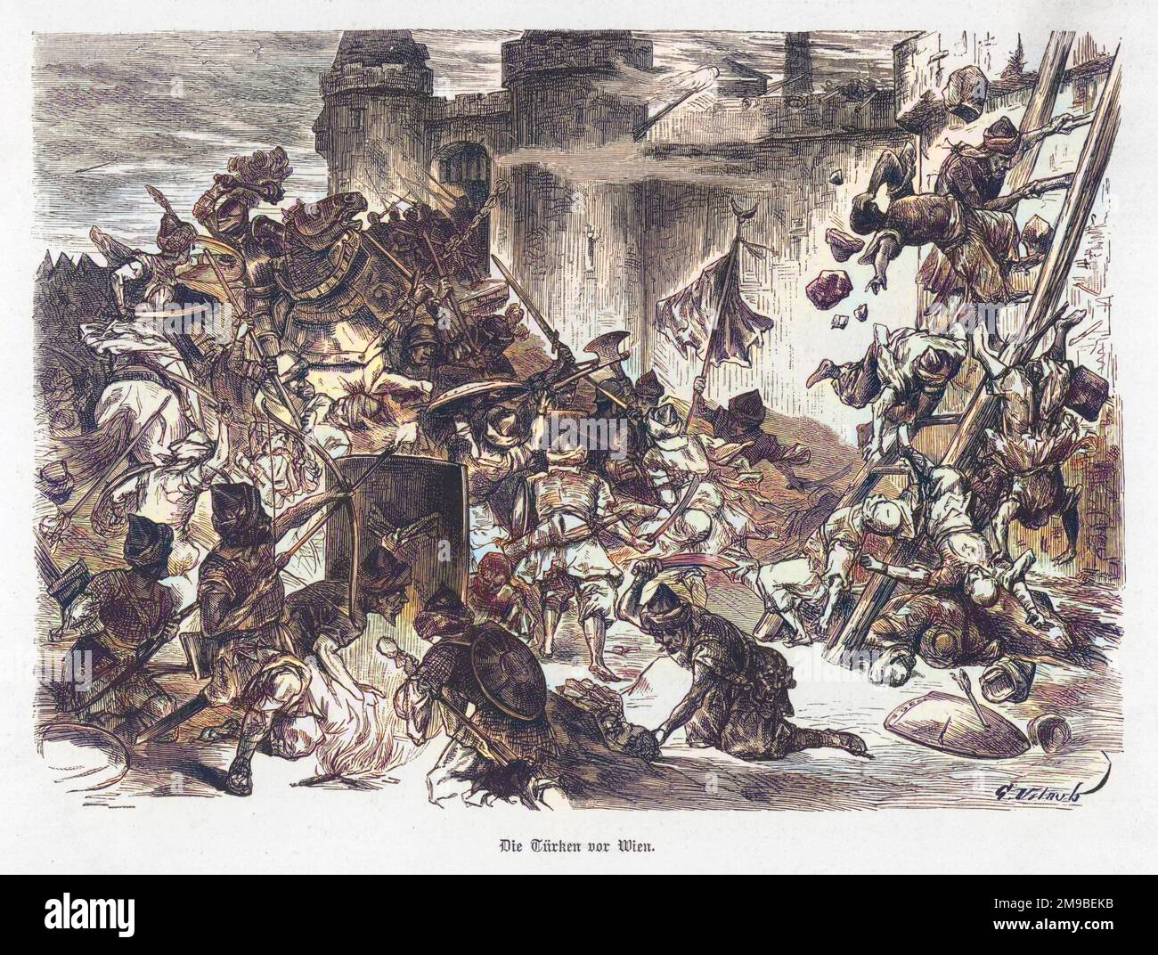 John III Sobieski, king of Poland, attacks the Turkish army under Kara Mustapha Pashs besieging Vienna, and though outnumbered 2 to 1 routs it and saves the city Stock Photo