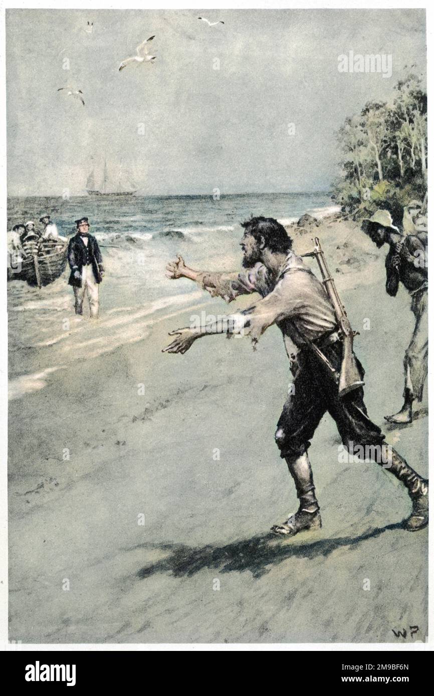 Explorers EYRE and WYLIE reach the coast, where they are lucky enough to meet a party of French whalers commanded by an English captain Rossiter Stock Photo