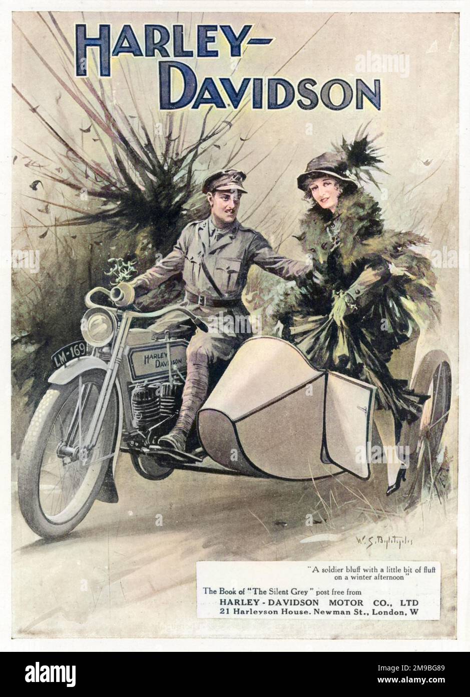 An advertisement for Harley- Davidson, showing a soldier taking his lady friend for a ride. Stock Photo