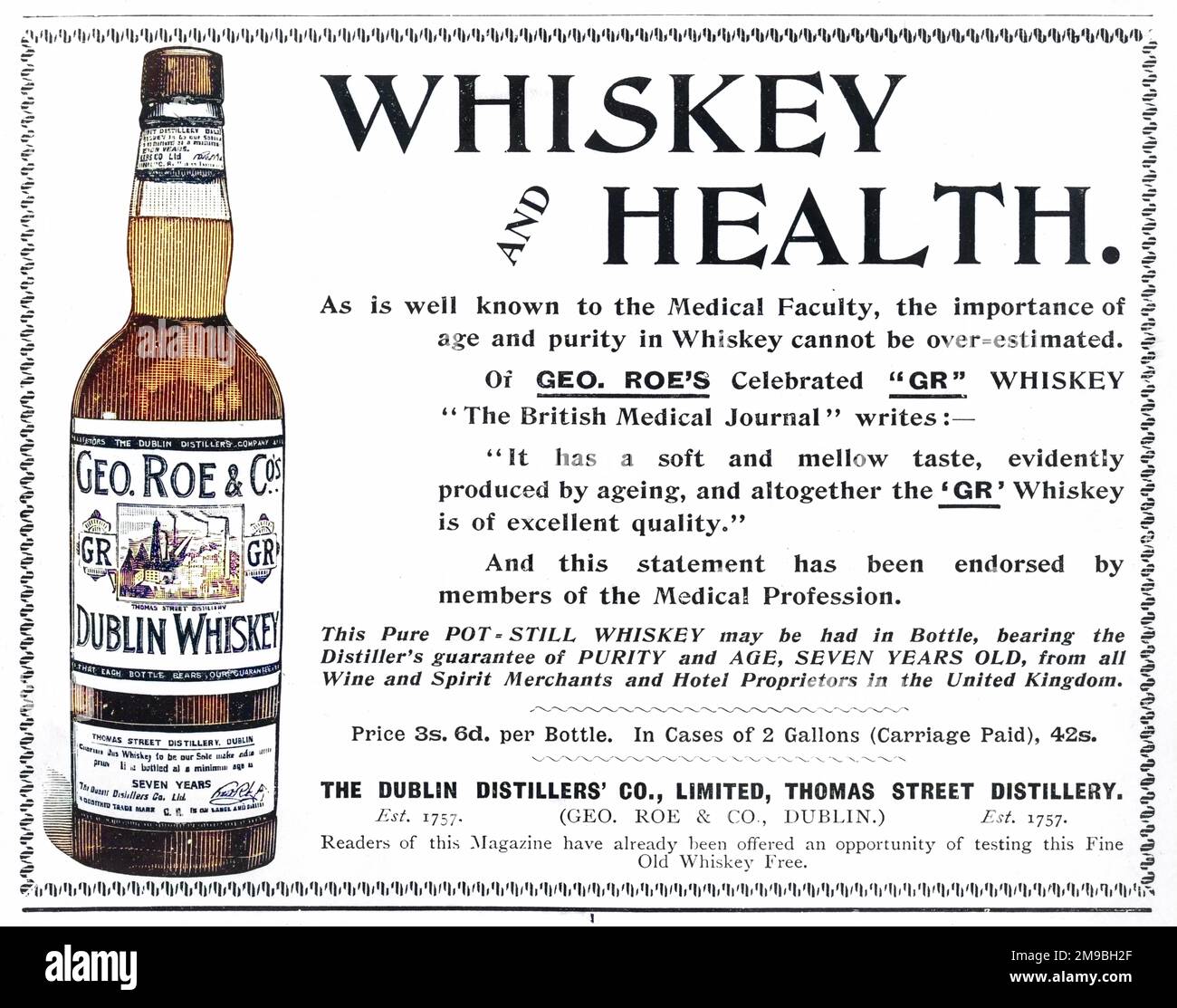 This advert extols the medicinal benefits of whisky quoting the British Medical Journal for authority Stock Photo