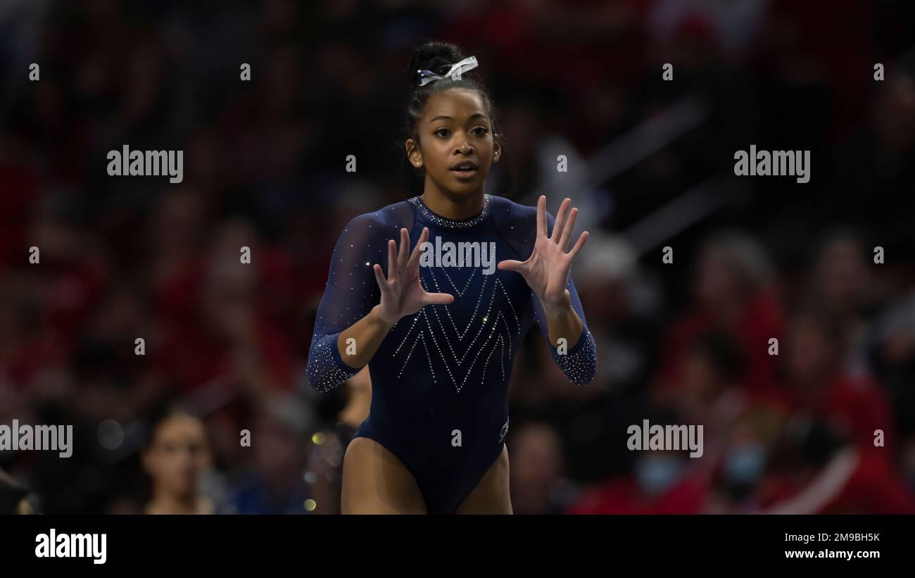 Utah State gymnast Angel Stuart performs her floor routine during an ...