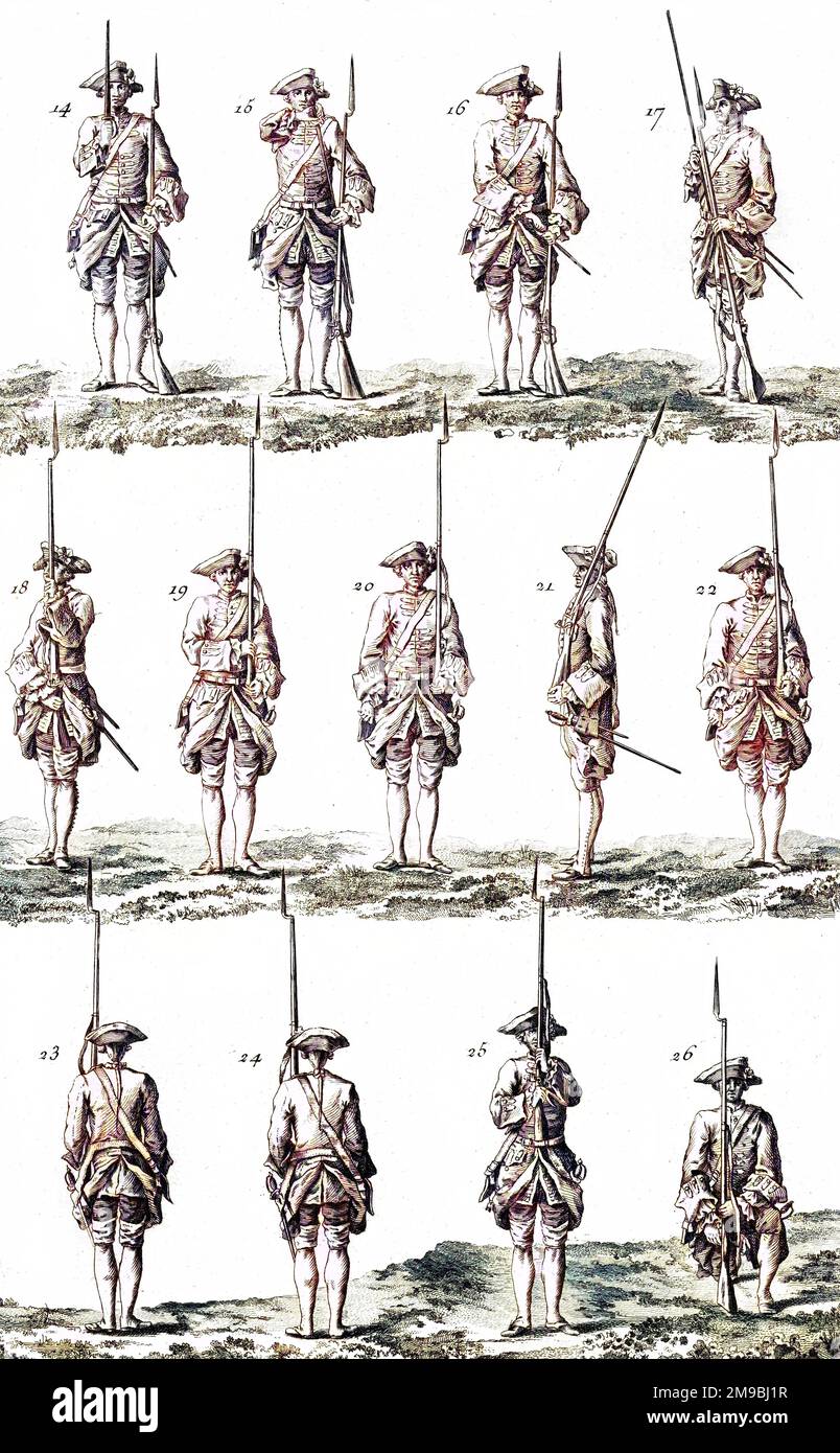 Military training step by step : An 18th century French soldier puts his sword back to his side, puts his musket on his left shoulder and kneels down. Stock Photo