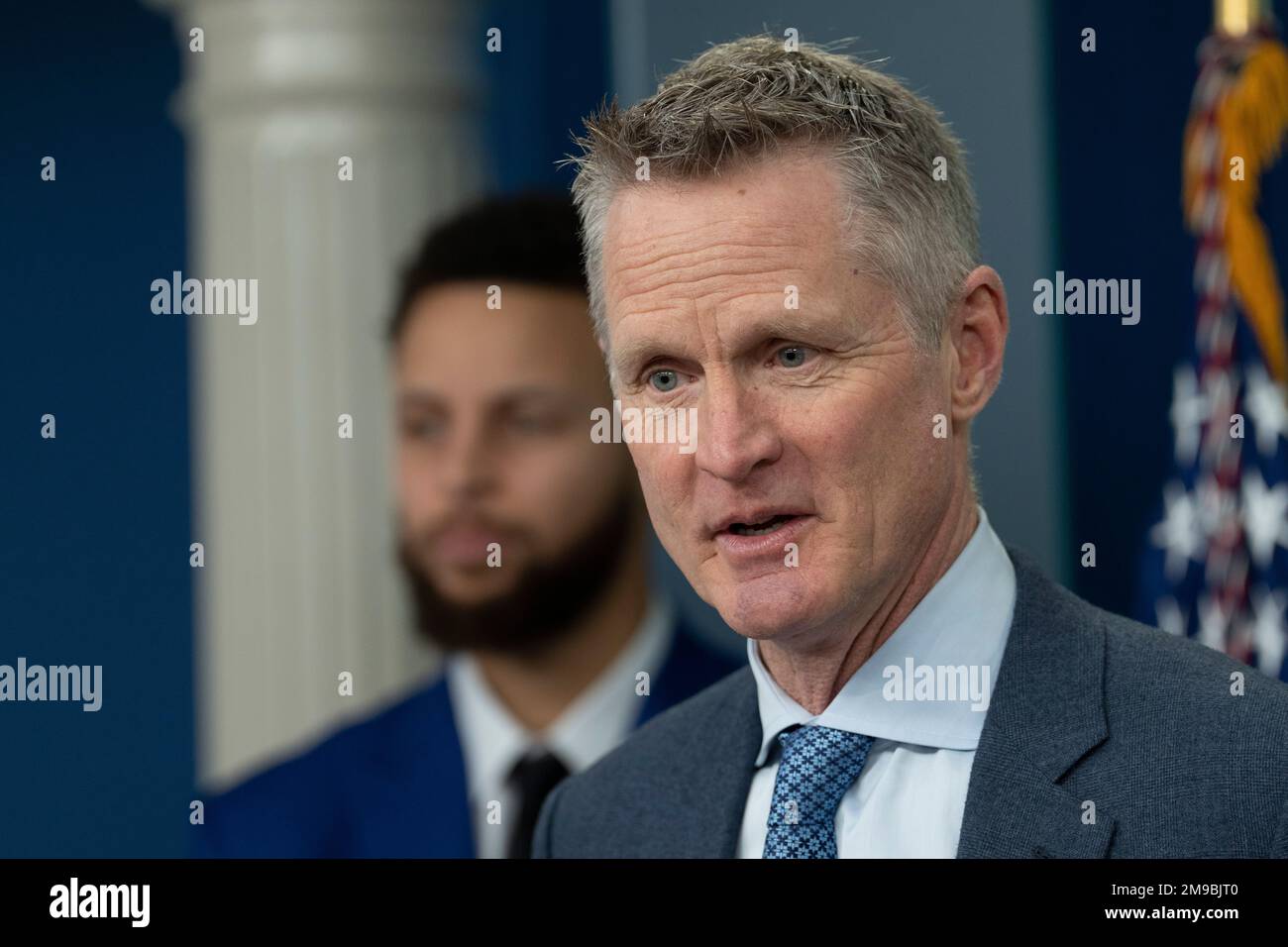 Golden State Warriors head coach Steve Kerr makes a statement during the daily briefing at the White House in Washington, DC, Tuesday, January 17, 2023.Credit: Chris Kleponis/CNP /MediaPunch Stock Photo
