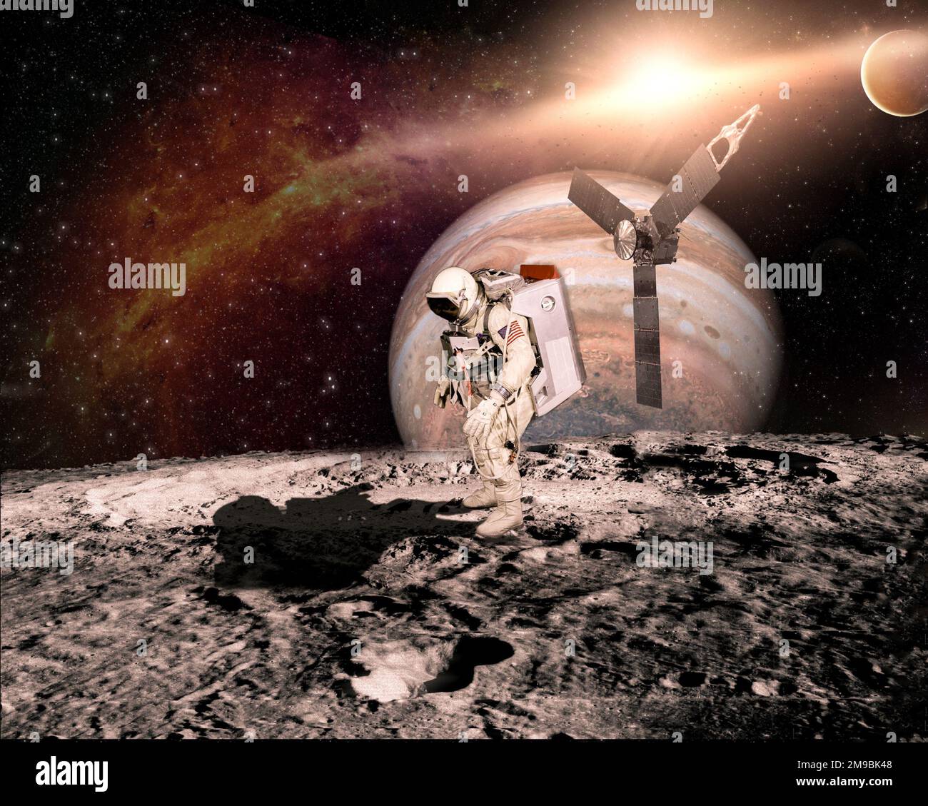astronaut walking on the moon concept wallpaper elements of this image furnished by NASA . Stock Photo