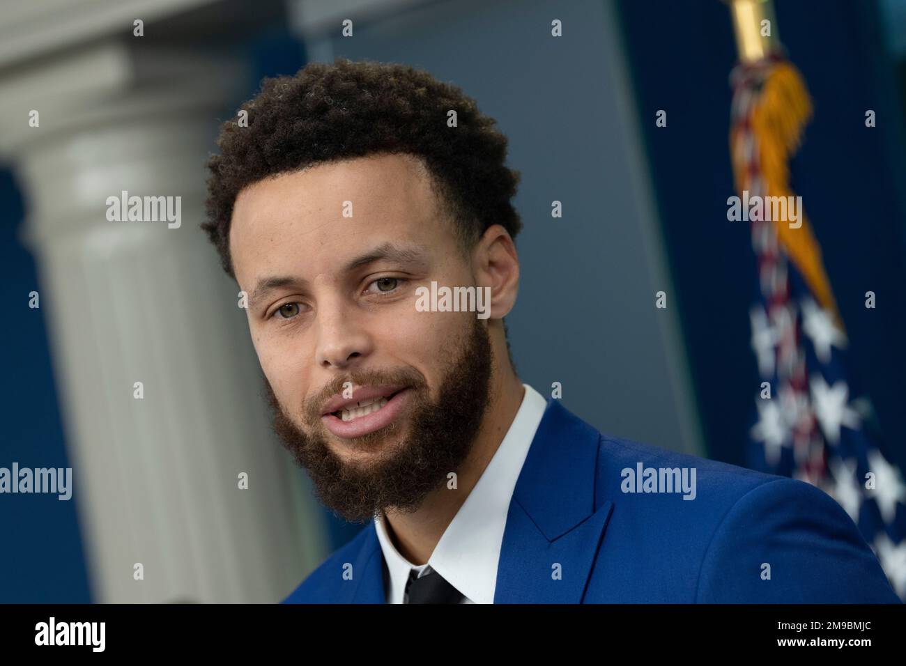 Golden State Warriors point guard Stephen Curry makes a statement during the daily briefing at the White House in Washington, DC, Tuesday, January 17, 2023.Credit: Chris Kleponis/CNP /MediaPunch Stock Photo