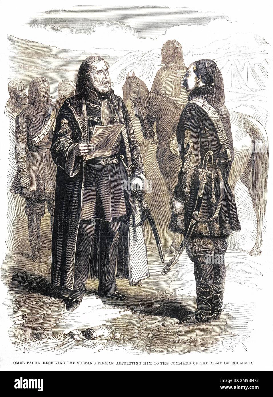 OMER (or Omar) PASHA real name : Michael Lattas (1806 - 1871), Croatian-born general in the Turkish army, receiving the Sultan's letter appointing him commander, army of Roumelia. Stock Photo