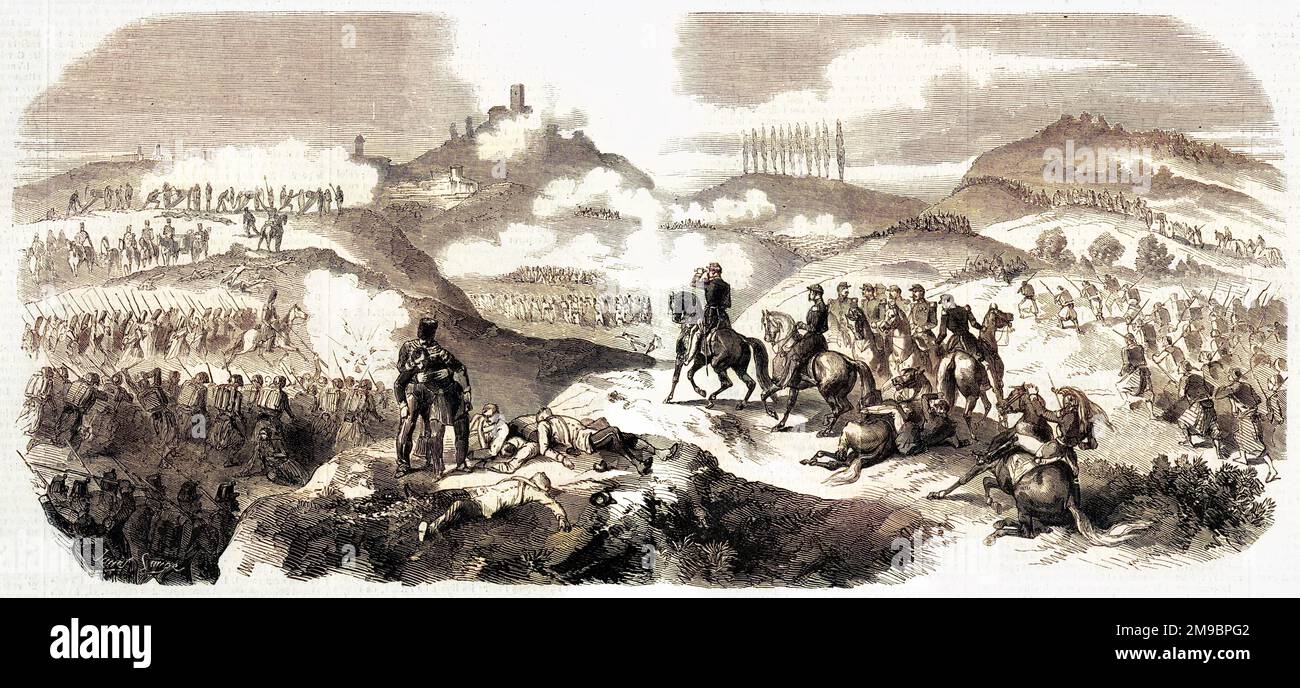ITALIAN WAR OF UNIFICATION: Battle of Solferino was the last battle of the 2nd War of Italian Independence. Napoleon III looks out from the hill of Solferino towards a graveyard Stock Photo