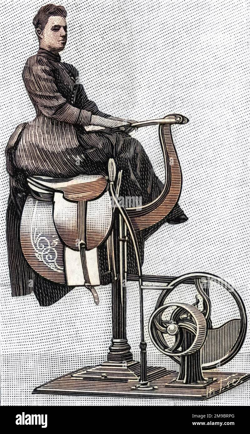Dr Zander's apparatus: a lady rides side saddle on a horse simulator. A fixed saddle is attached to a cast iron frame, simulating similar vibrations to those experienced when riding a horse. Stock Photo
