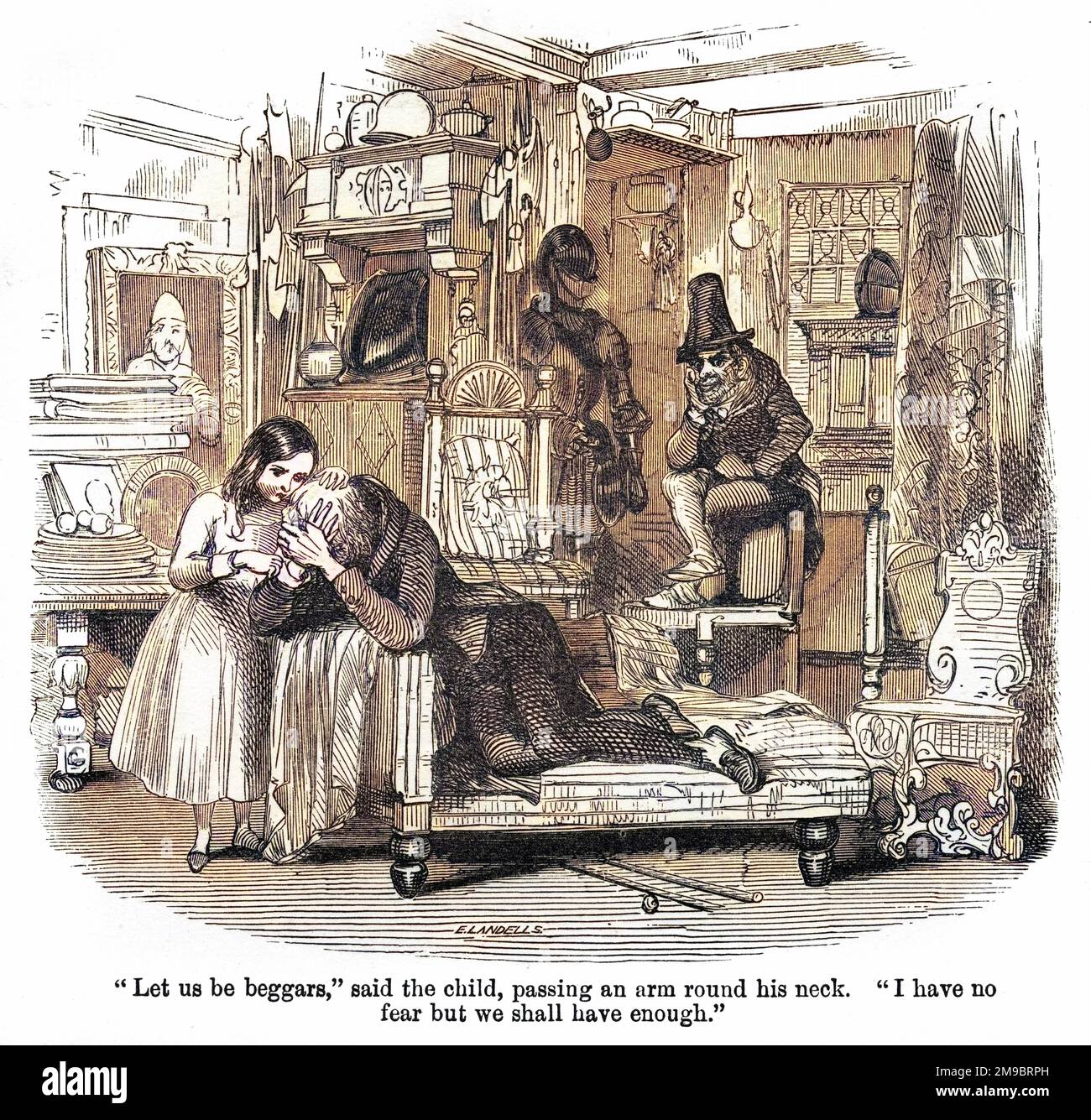 The Old Curiosity Shop by Charles Dickens, first published in the weekly serial Master Humphrey's Clock from 1840 to 1841 and then as its own book in 1841. 'Let us be beggars,' said the child, passing an arm around his neck. 'I have no fear but we shall have enough.' Nell comforts her grandfather in the shop while the malicious dwarf moneylender Daniel Quilp perches on the back of an armchair and watches them. Stock Photo