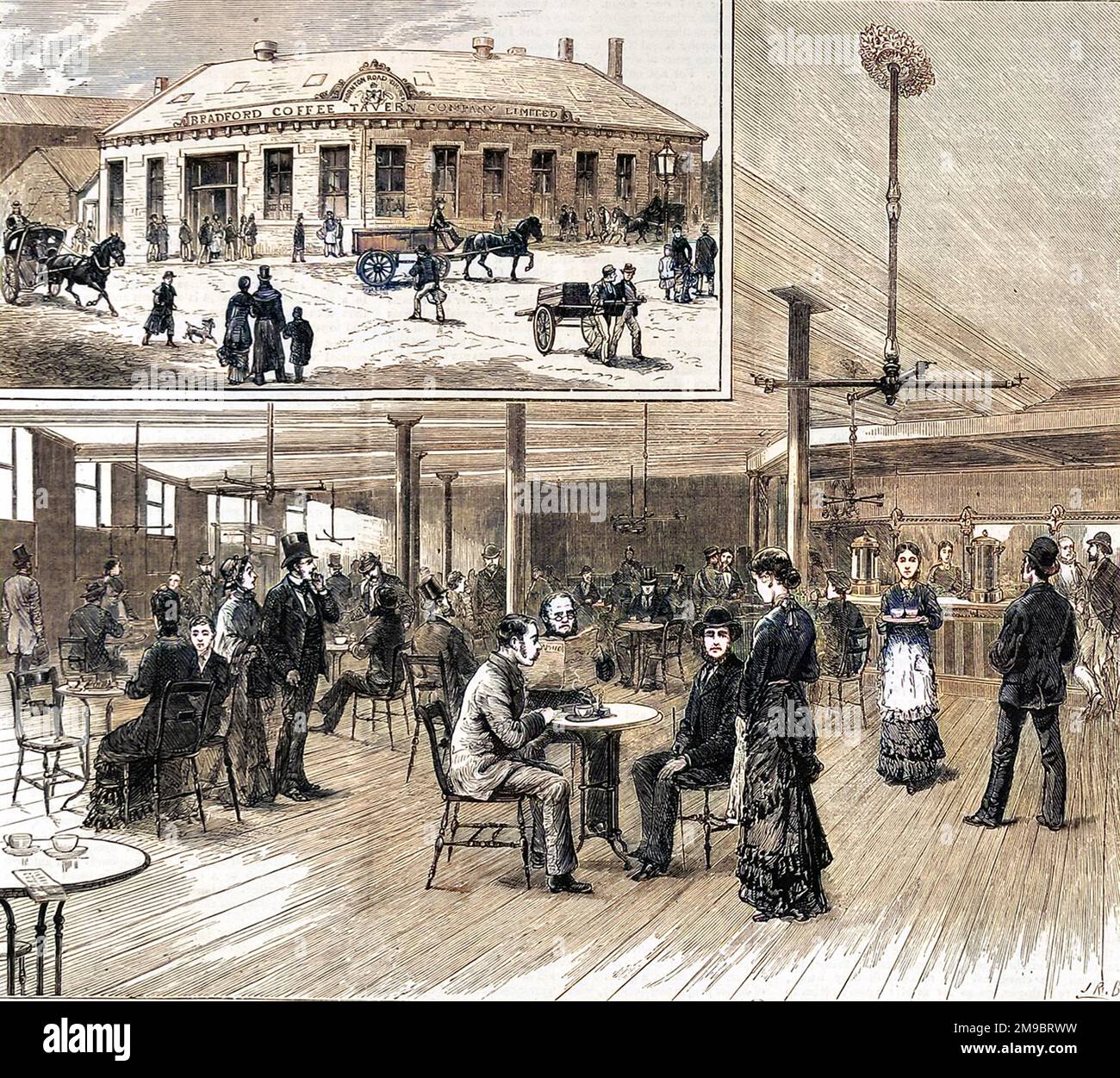 Interior and exterior views of the new coffee tavern in Bradford, inaugurated by W. E Forster, M.P in 1879. The Coffee Tavern movement was a Victorian effort to get people out of pubs. Proposed by the Bradford councillor, alderman and magistrate, Frederick Priestman, the tavern was opened at the junction of Westgate, Ivegate and Kirkgate and was an immediate commercial success serving food as well as coffee. Within a few years there were 28 branches in the Bradford district but with over 400 licensed beer sellers in the area, how much of a sobering effect they had on the local population is Stock Photo