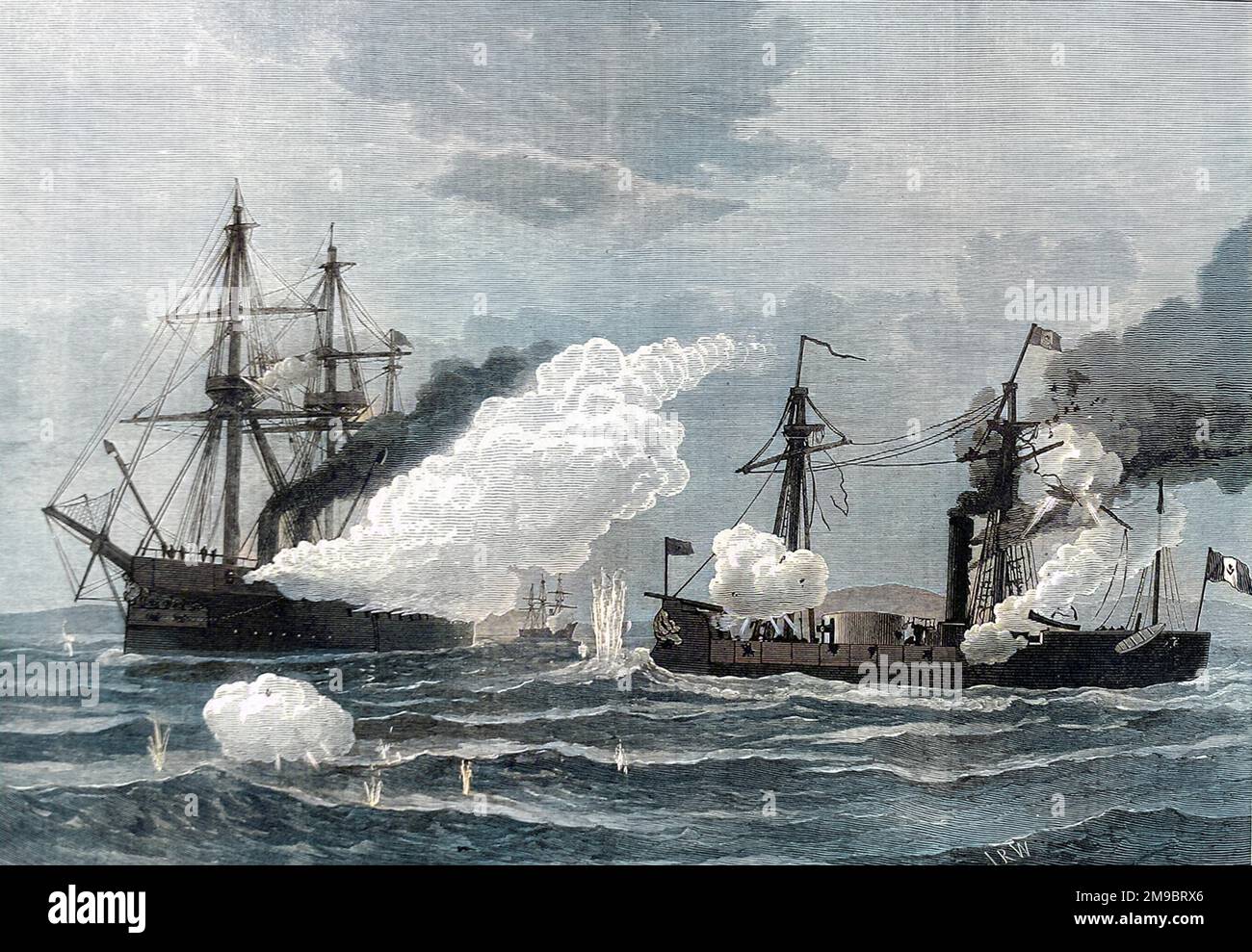 The battle between HMS 'Shah' and 'Amethyst' and the Peruvian Ironclad turret ship 'Huascar' on the 29th May 1877. The 'Huascar' had been taken over by some Peruvian revolutionaries and declared a 'pirate' by the Peruvian government. The 'Shah' and 'Amethyst' were ordered to protect British Merchant Shipping and after the 'Huascar' had stopped several British merchant ships, the Royal Navy decided to hunt down the 'Huascar'.  In the action depicted, the 70 guns of the British ships were unable to do much damage to the 'Huascar' as she was an heavily-built ironclad. In return the gunnery crew Stock Photo
