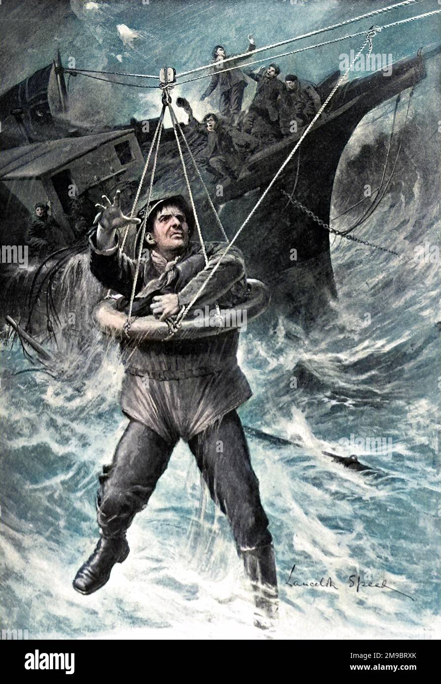 A 'BreechesBuoy' in use, to save the crew of the Norwegian ship 'Esras