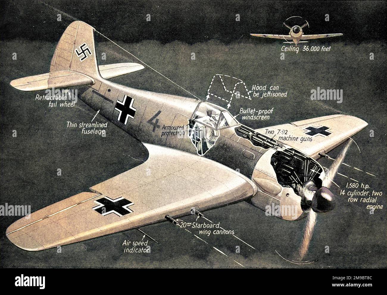 German Focke-Wulf 190 fighter airplane, with cutaways of the engine and machine-guns, August 1942. This image showed some of the features of the latest FW190 captured by British forces. Stock Photo