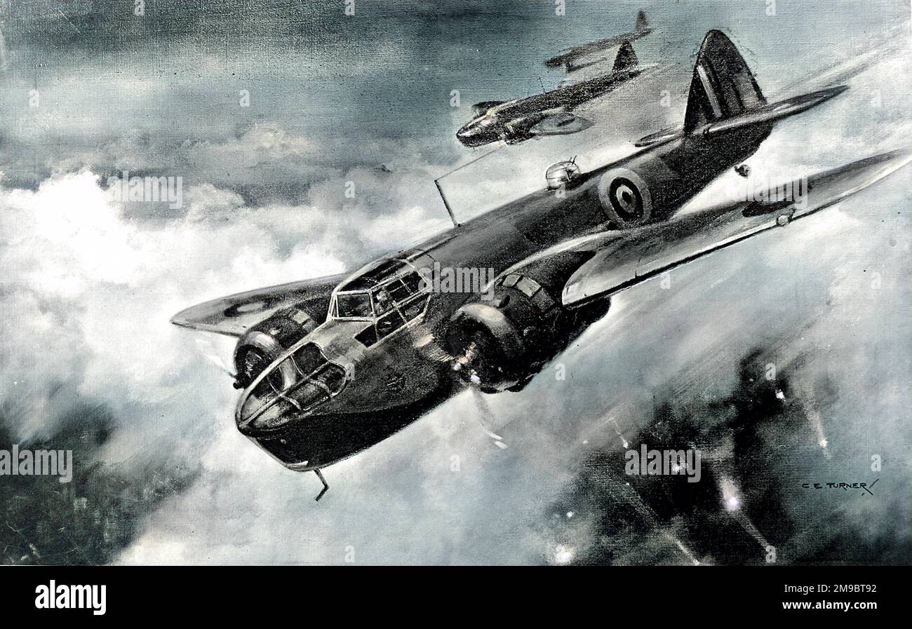 Three Royal Air Force 'Bristol' Blenheim mark IV fighter-bomber-reconnaissance airplanes over enemy territory in 1941. This image shows the lead aircraft diving through cloud to bomb a German position. Stock Photo