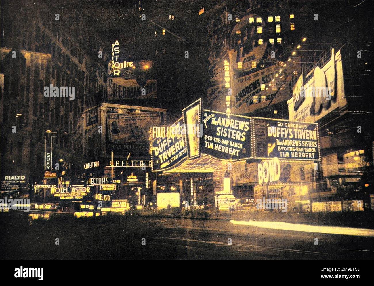 Photograph showing the lights of Broadway, New York, at night in 1945. After war-time austerity, these lights signalled an up-swing in American recreation.  This photograph is a double-exposure (or more) with several views of the Broadway superimposed and printed as one picture. Stock Photo