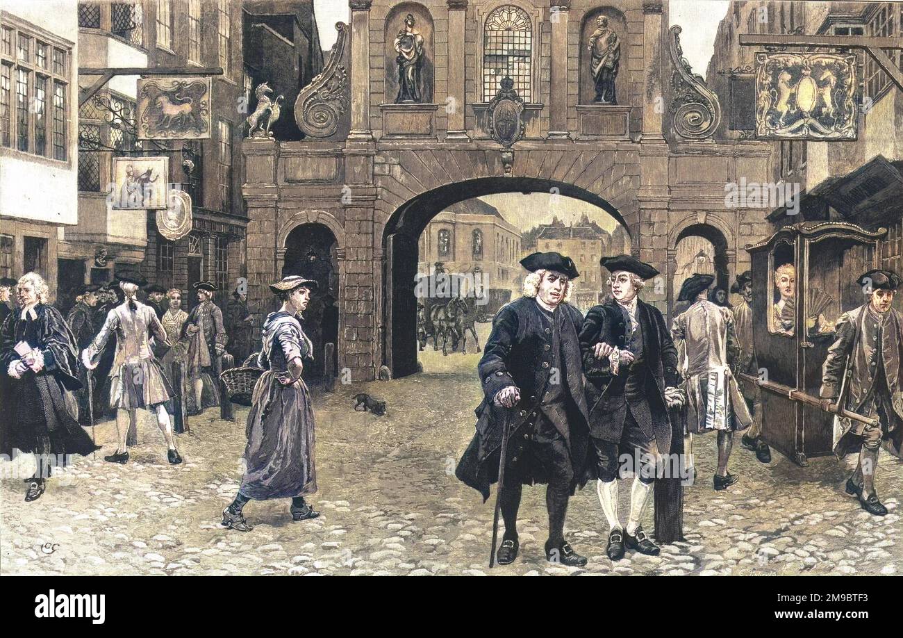 Dr. Samuel Johnson and James Boswell walking, arm in arm, along Fleet