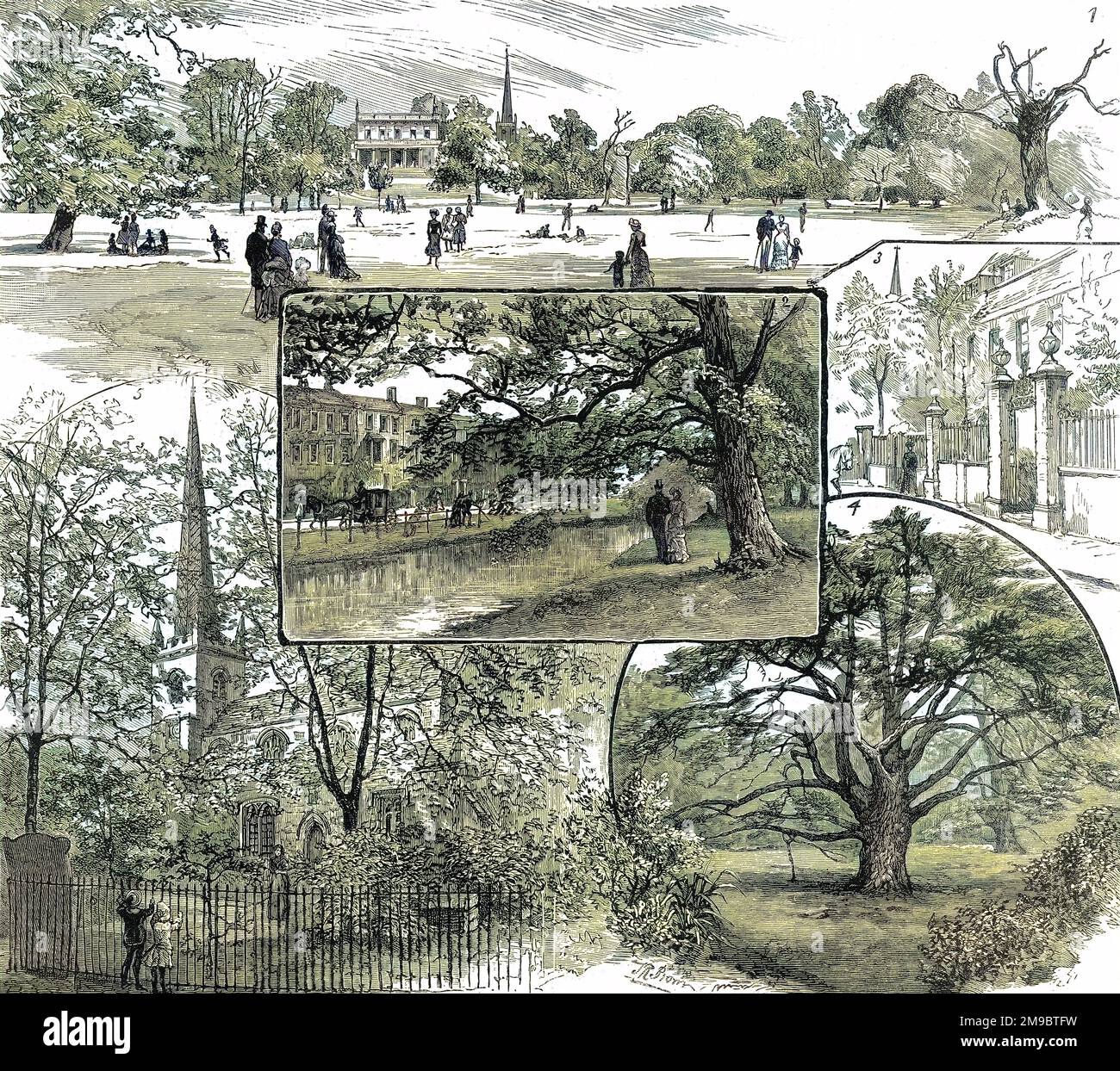 A series of scenes of Clissold Park and the surrounding area, 1885.   The images show (clockwise from top): Horse-Shoe Field; Church Street; Old Yew Tree; the Old Church. The centre image shows Paradise Row and the New River. Stock Photo