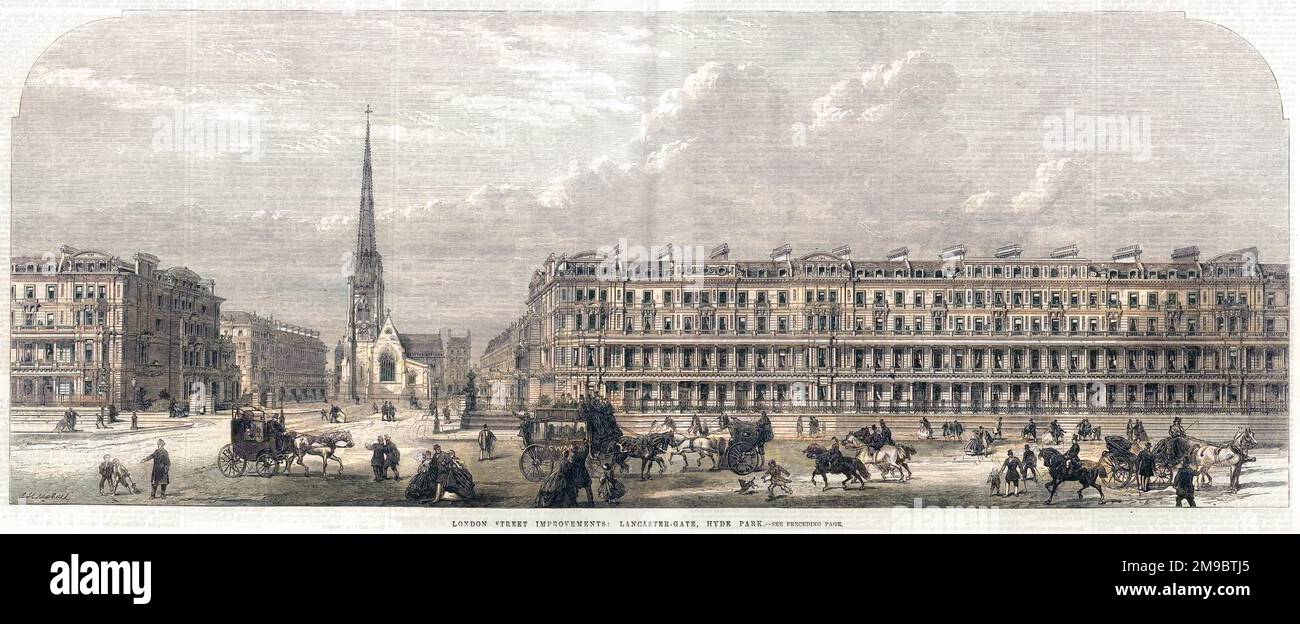 Street scene in Lancaster Gate, Hyde Park, London, 1866. The houses on