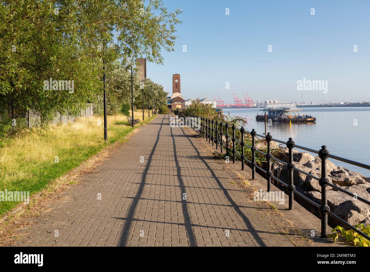 Wallasey, UK: Riverside promenade next to the River Mersey, near Seacombe ferry terminal, Wirral peninsula. Stock Photo