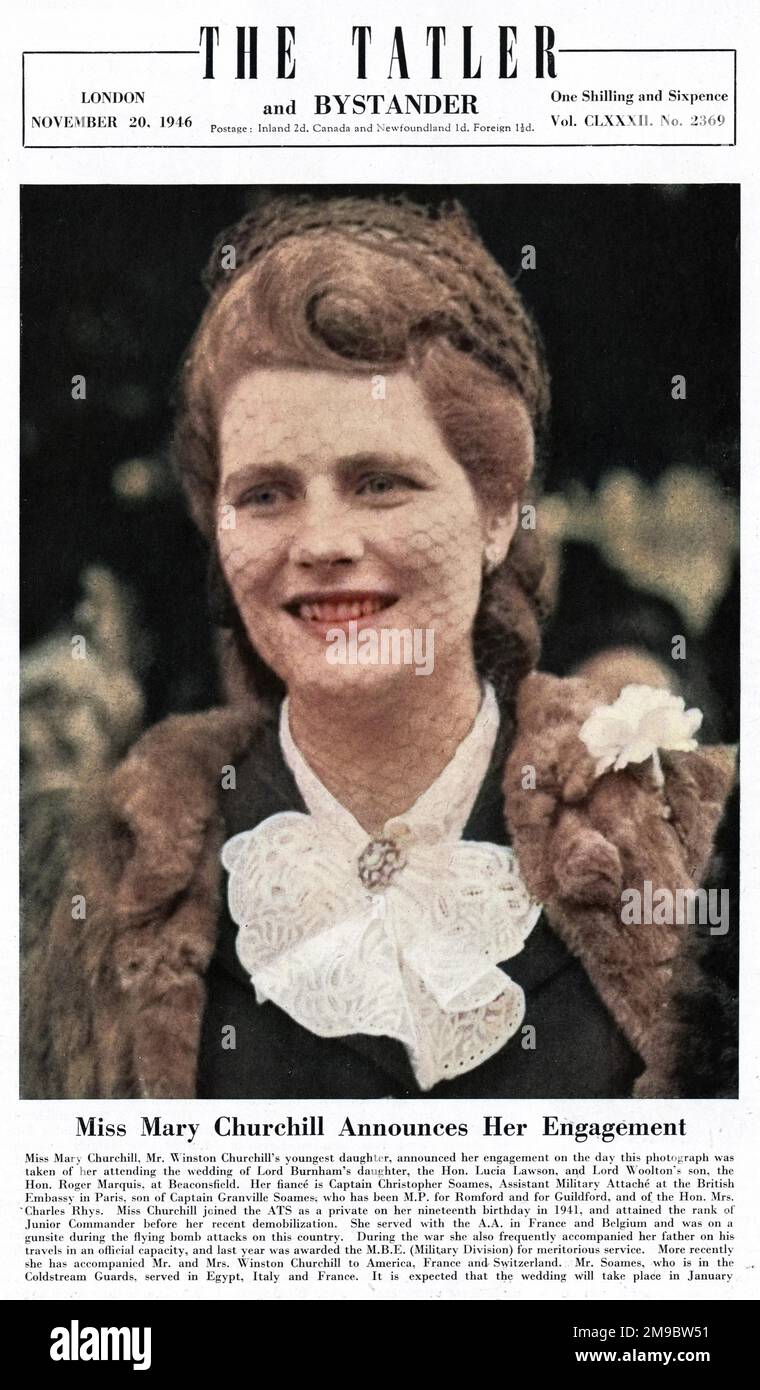 Miss Mary Churchill(b. 1922), Mr. Winston Churchill's youngest daughter, announced her engagement on the day this photograph was taken of her, attending the wedding of Lord Burham's daughter, the Hon. Lucia Lawson, and Lord Woolton's son, the Hon. Roger Marquis, at Beaconsfield. Her fiance is Lord Soames, son of Captain Granville Soames. Stock Photo