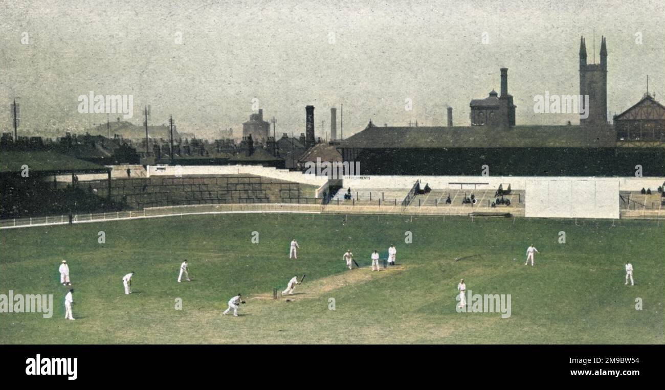 A view of the Bramall Lane cricket ground, Sheffield. In progress is a three day Test Trial match (1st to 3rd June) between G.L.Jessop's XI and P.F.Warner's XI, ultimately won by the former.  Bramall Lane ground served as both cricket and football ground for many years, shared by Yorkshire County Cricket Club and Sheffield United F.C. Yorkshire's last match there was in August 1973, and soon after a new stand was built over the cricket square enclosing the football pitch on four sides. It remains the home of Sheffield United. Stock Photo
