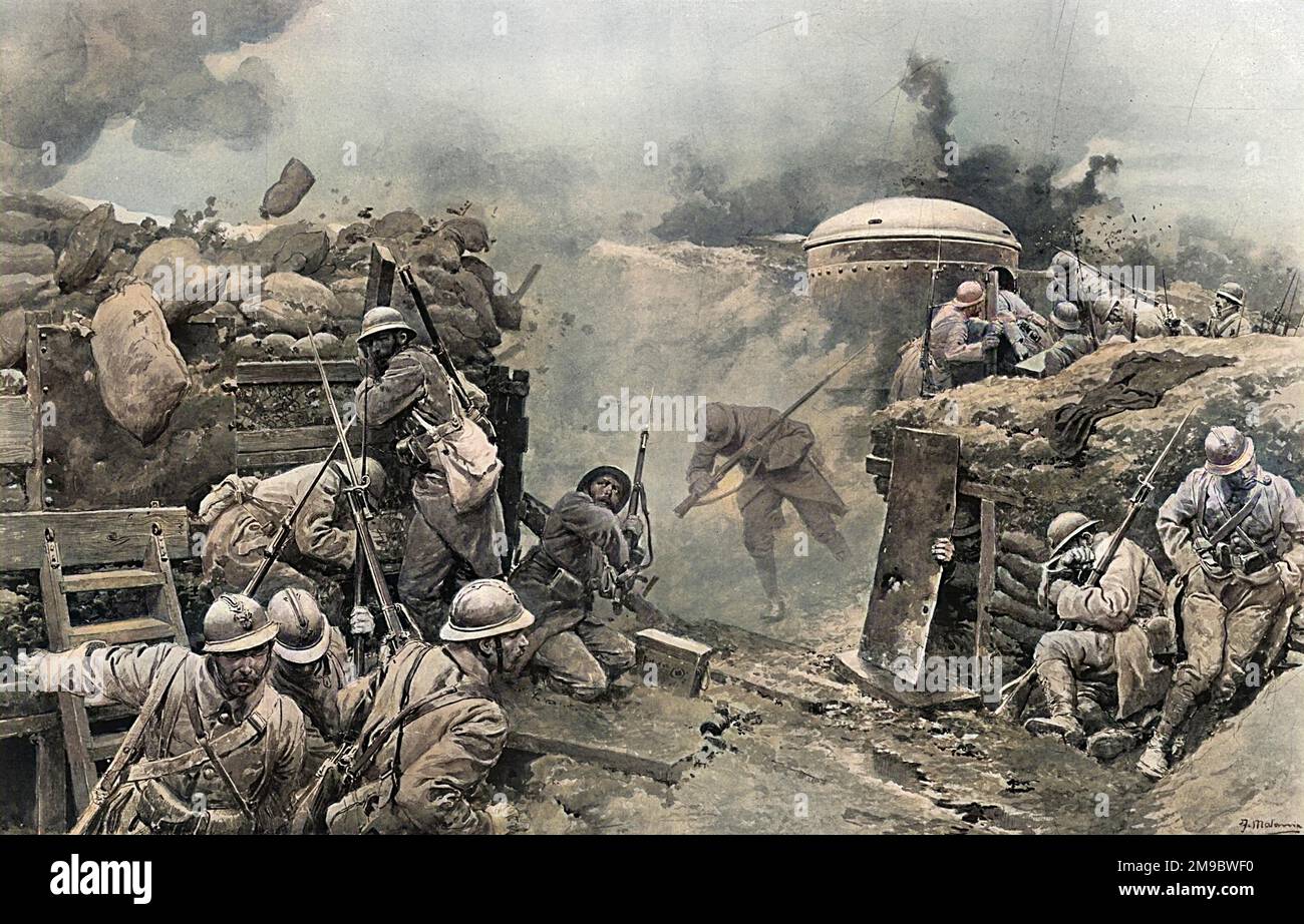 Protecting the man and armouring the trench.  French soldiers wearing the new steel helmet holding an armoured trench during a violent German artillery bombardment.    The picture also shows how trenches themselves became further protected such as with the revolving steel cupola which was captured from the Germans and used by the French against the enemy.  Scene shows a French armoured trench under heavy enemy fire.  All the men are wearing the new steel helmets and are seeking shelter from the severe overhead bombardment.  Drawn by Fortunino Matania from photographic material. Stock Photo