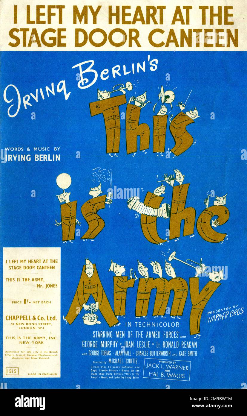 Music cover, two songs with words and music by Irving Berlin, This is the Army Mr Jones, and I Left My Heart at the Stage Door Canteen, from the wartime Warner Bros film, This is the Army. Stock Photo