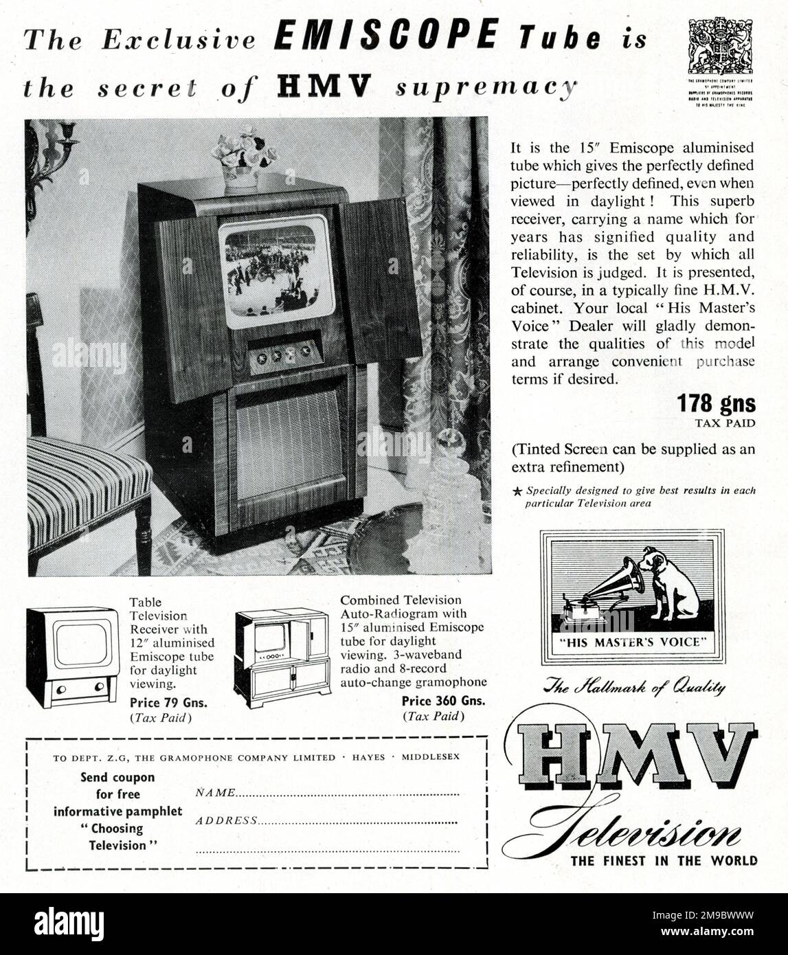 Advert, HMV Television with Emiscope tube Stock Photo