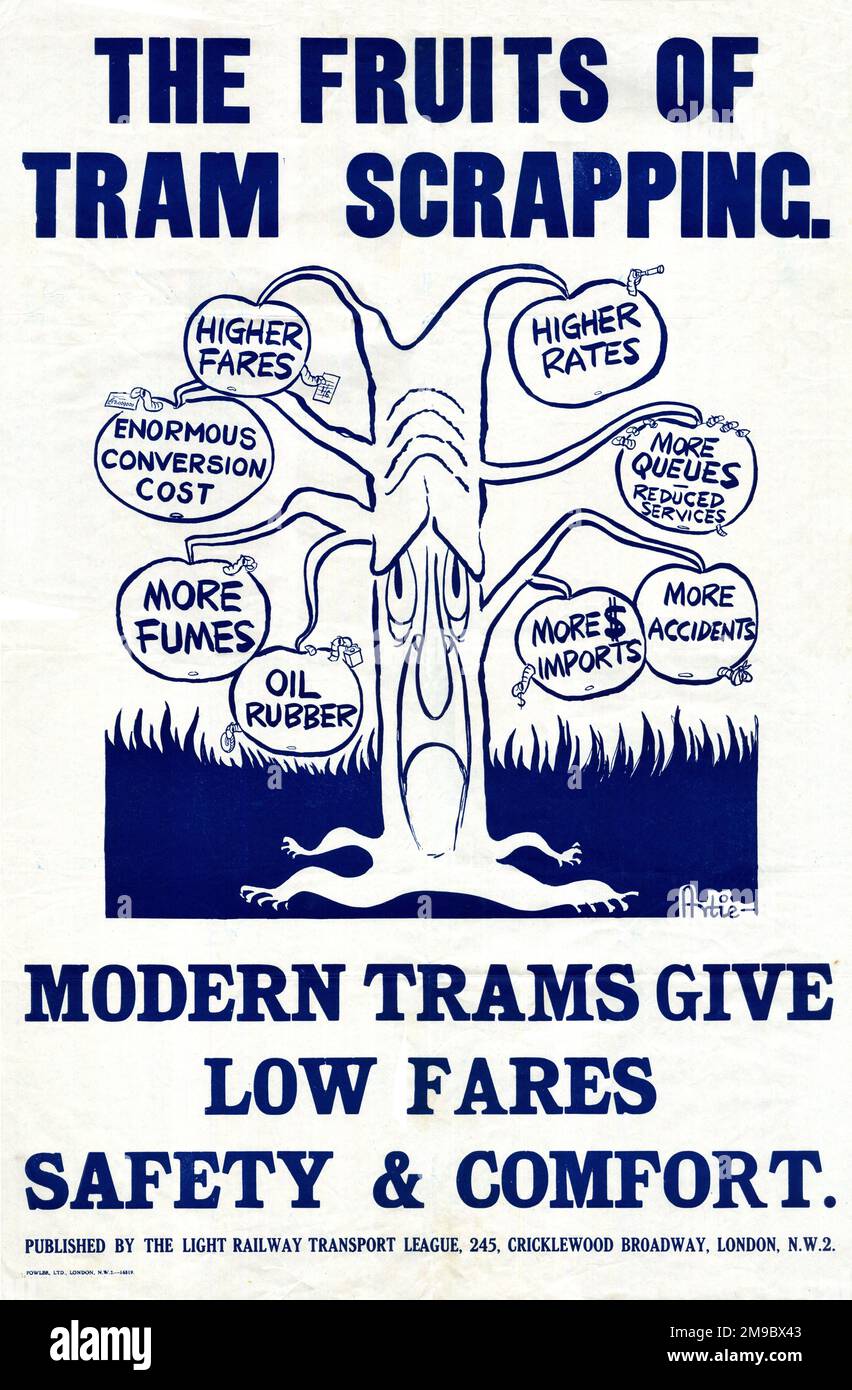 Campaign poster against scrapping trams - modern trams give low fares, safety and comfort Stock Photo