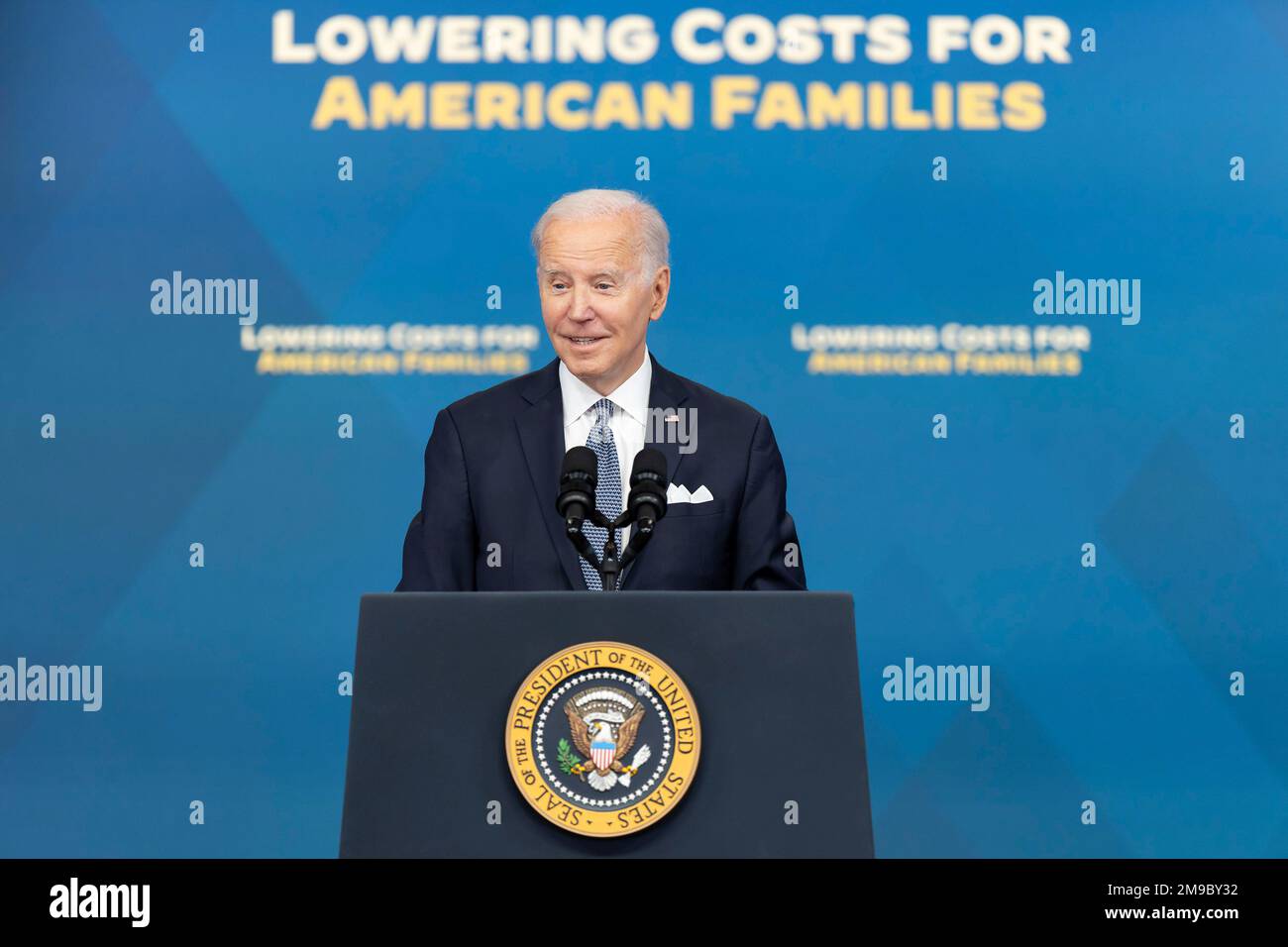 Washington, United States of America. 12 January, 2023. U.S. President Joe Biden delivers remarks on the economy from the South Court Auditorium at the Eisenhower Executive Office Building of the White House, January 12, 2023 in Washington, D.C. Credit: Adam Schultz/White House Photo/Alamy Live News Stock Photo