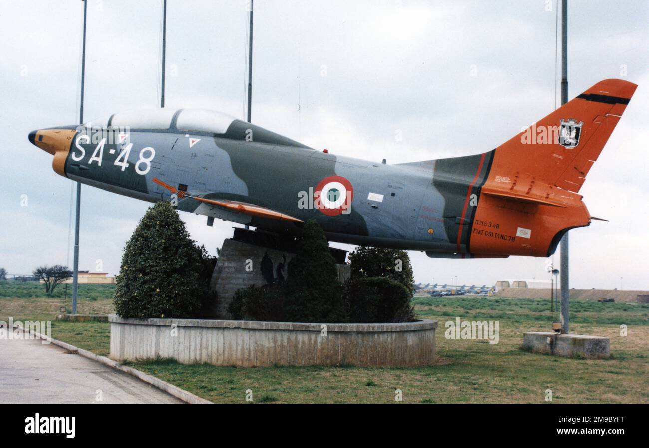 Fiat G.91 T-1 MM6348 - SA-48 (msn 78), mounted on a plinth at Amendola ...