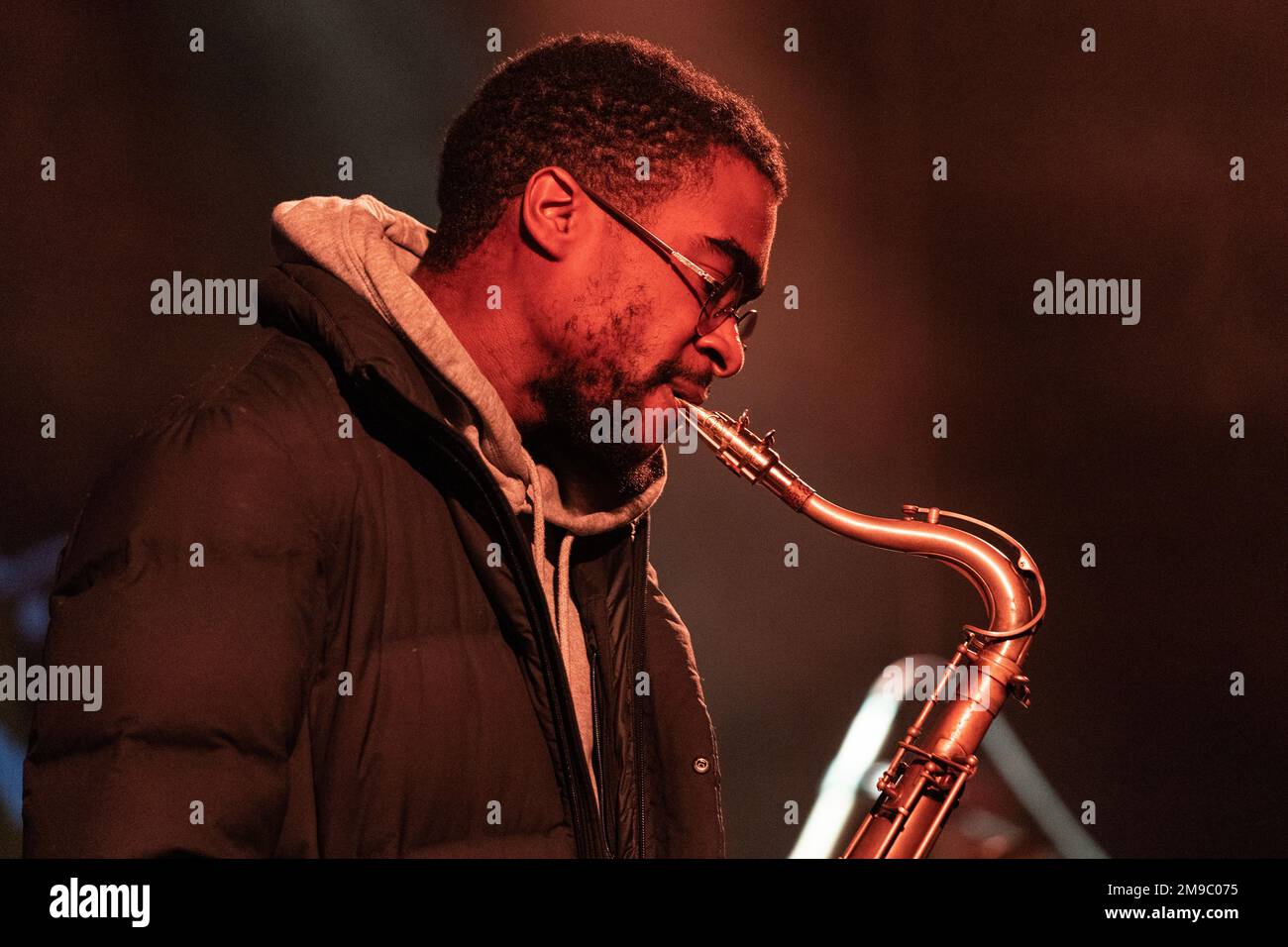 Morgan Guerin, sax performs with Julius Rodriguez during Winter JazzFest presented by Verve at (le) Poisson Rouge in New York on January 16, 2023 Stock Photo