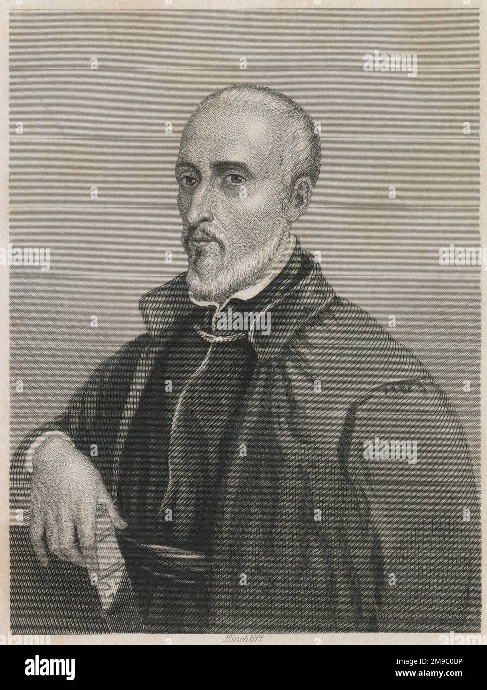 Antique circa 1860 engraving, portrait of Francis Borgia. Francis Borgia SJ (1510-1572) was a Spanish Jesuit priest. SOURCE: ORIGINAL ENGRAVING Stock Photo