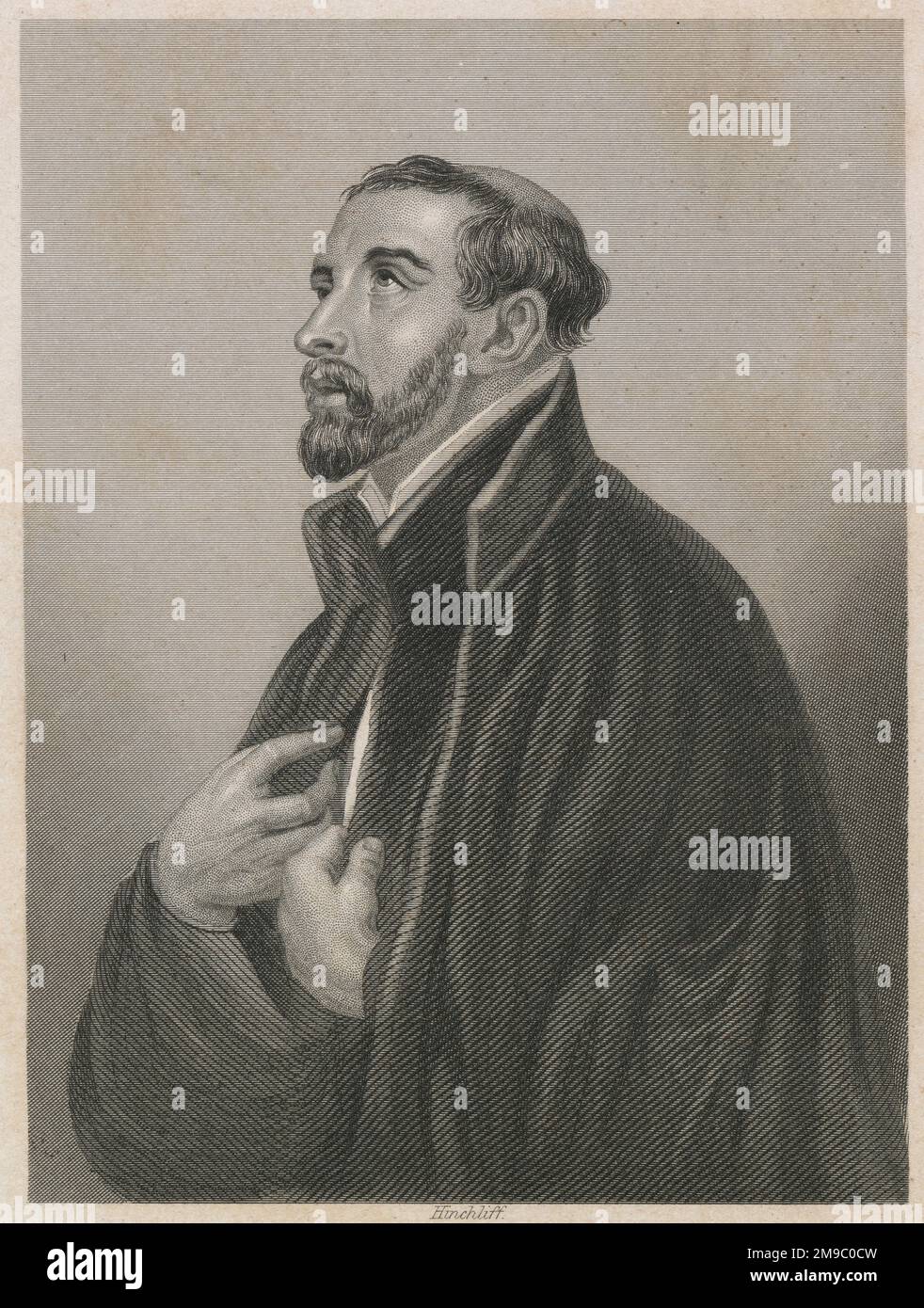 Antique circa 1860 engraving, portrait of Francis Xavier. Francis Xavier (1506-1552), venerated as Saint Francis Xavier, was a Navarrese Catholic missionary and saint who was a co-founder of the Society of Jesus. SOURCE: ORIGINAL ENGRAVING Stock Photo
