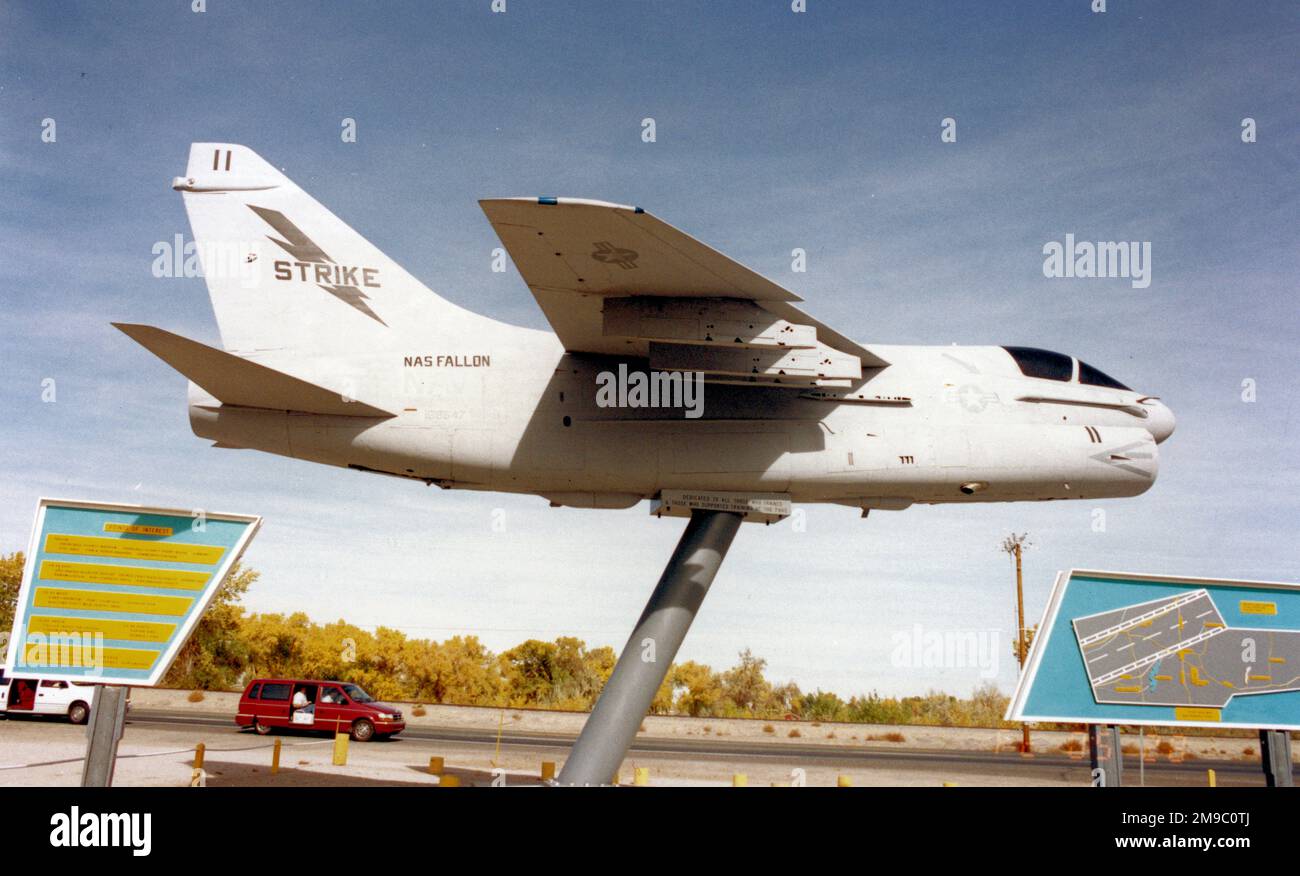 Ling-Temco-Vought A-7E Corsair II 159647 (MSN E456), on display outside Jetway Chevrolet Fallon Auto Mall, Fallon, Nevada. Stock Photo