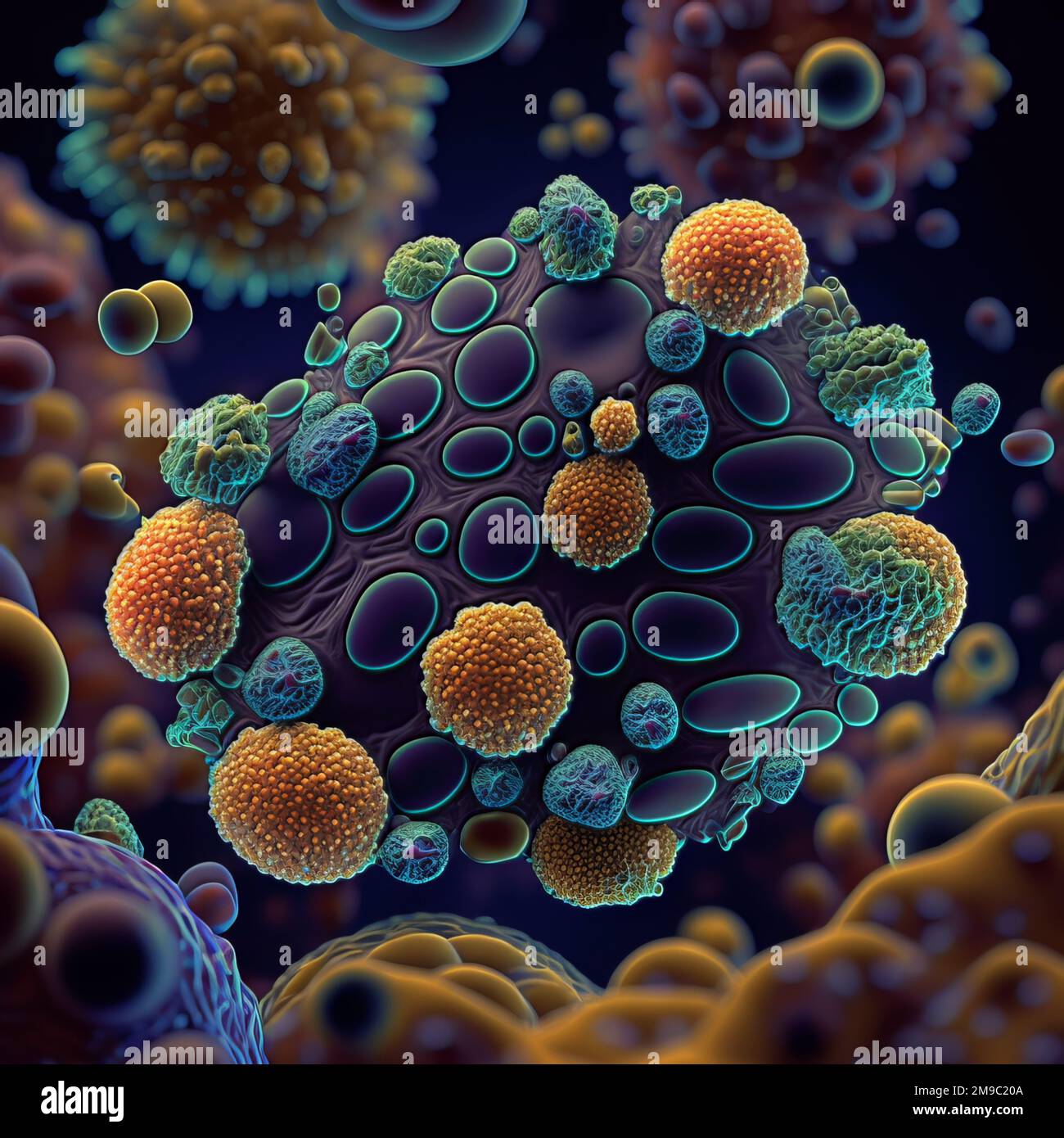 Abstract pathogenic virus cell, cancer cell under microscope, malignant