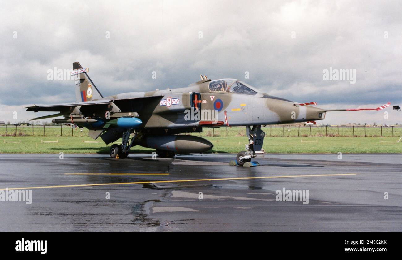 Royal Air Force - SEPECAT Jaguar GR.1 XZ381 - 'EC' (msn S.146), of No.6 Squadron, at RAF Coltishall, fitted with tandem beams on the inboard pylons, loaded with four inert 1000lb bombs and countermeasures pods. Stock Photo