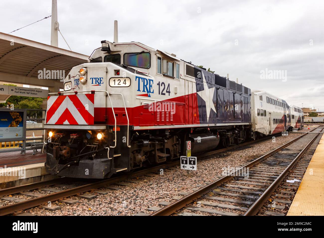 Dallas, United States - November 11, 2022: TRE Trinity Railway Express commuter rail train at Union Station public transport in Dallas, United States. Stock Photo