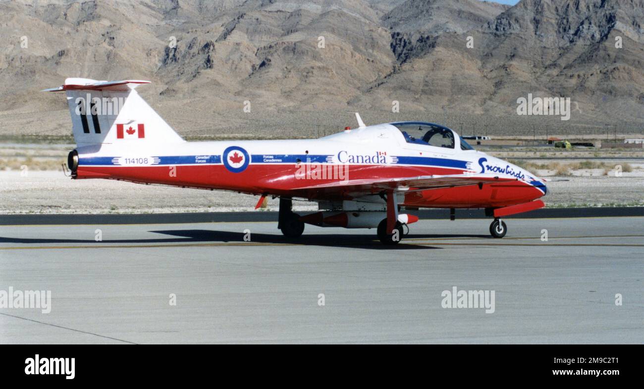 Canadian Armed Forces - Canadair CT-114 Tutor 114108 (msn 1108) of the Snowbirds formation aerobatic team, at the Nellis Air Force Base '50th Anniversary of the USAF' airshow on 26 April 1997. Stock Photo