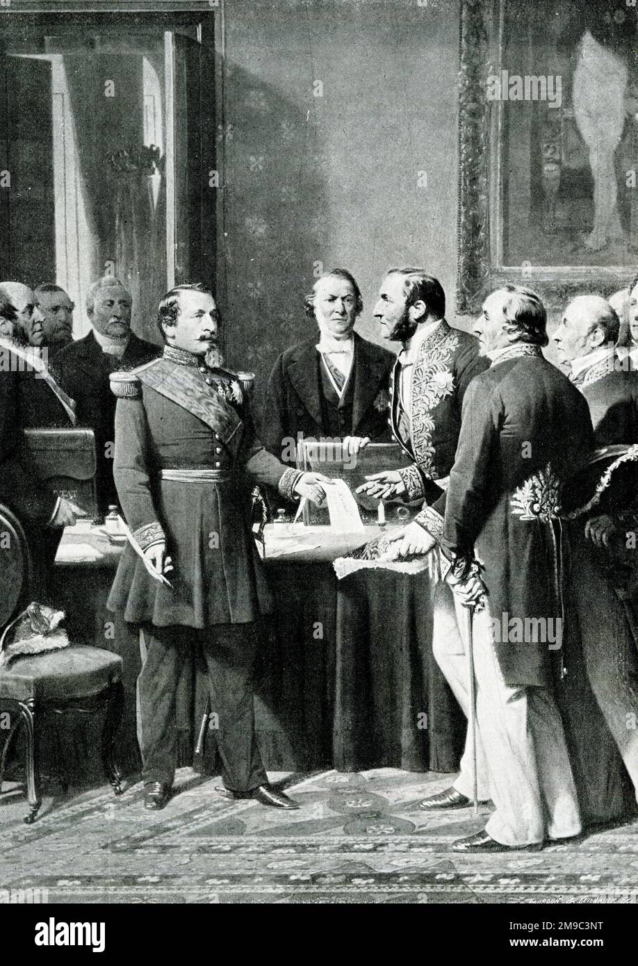 Napoleon III handing over the decree of annexation of the suburbs of Paris to Baron Haussmann, for urban development (16 February 1859). Others present are J-B Dumas, chemist and president of the municipal council, General Fleury and General Rolin.   (1 of 2) Stock Photo
