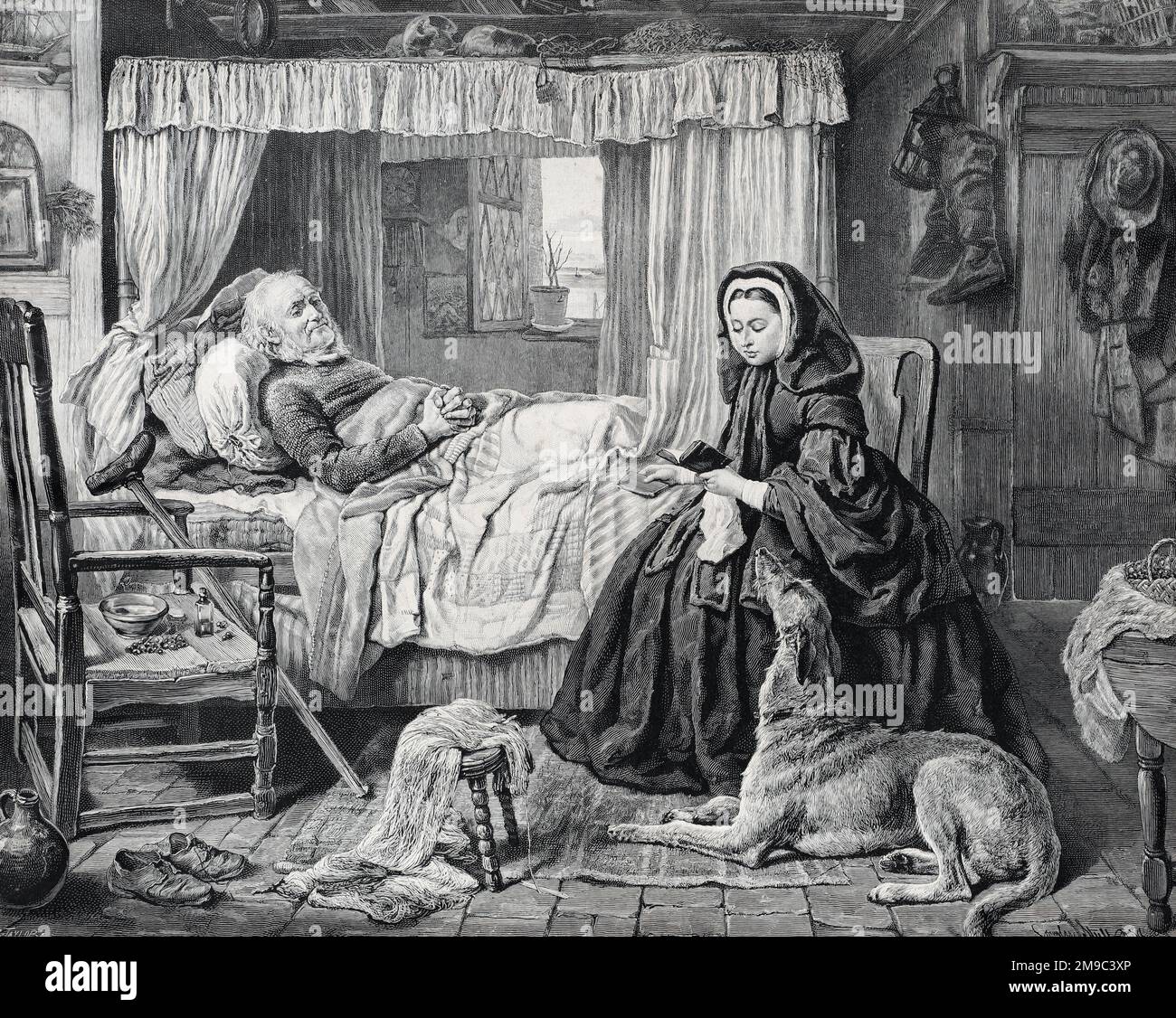 A Cottage Bedside at Osborne, Queen Victoria reading the Bible to a
