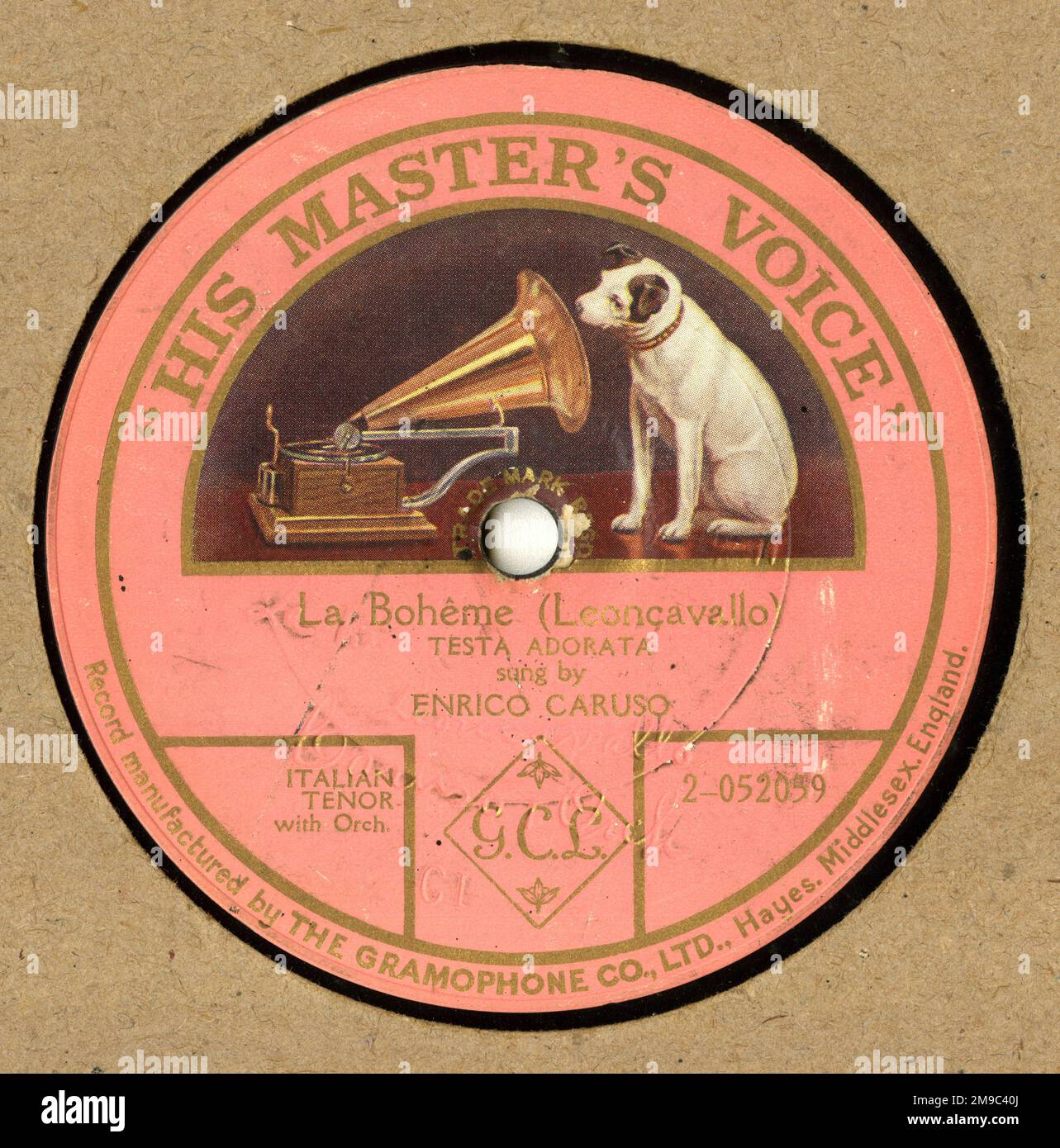 Enrico Caruso, opera singer, Testa Adorata from La Boheme by Leoncavallo, HMV record label, 78 rpm, early single sided shellac record Stock Photo