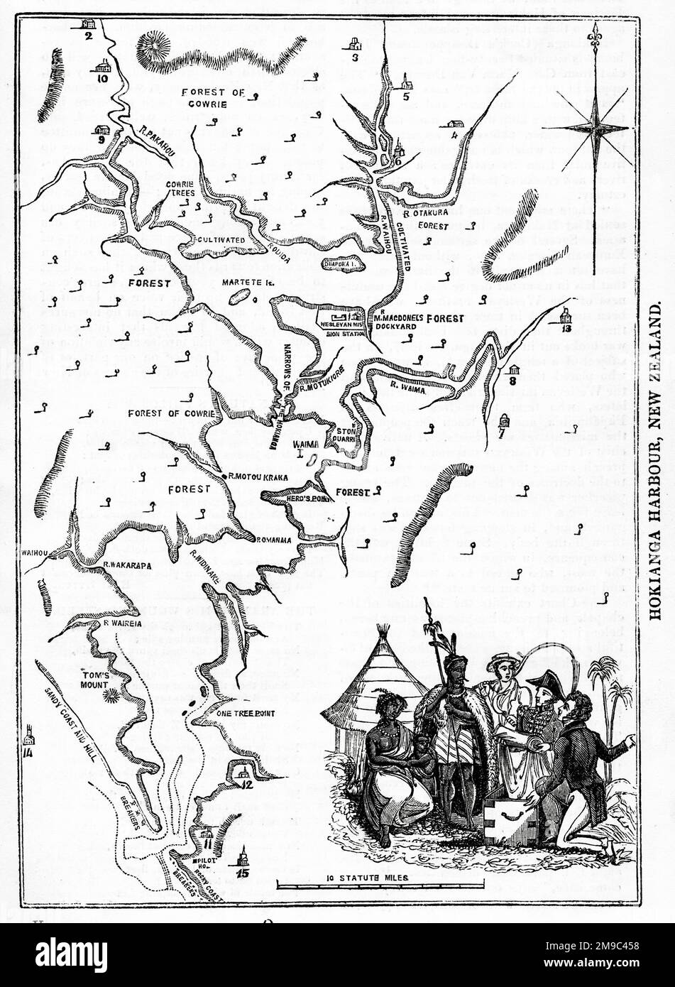 Map of Hokianga Harbour, New Zealand, with a scene depicting Captain