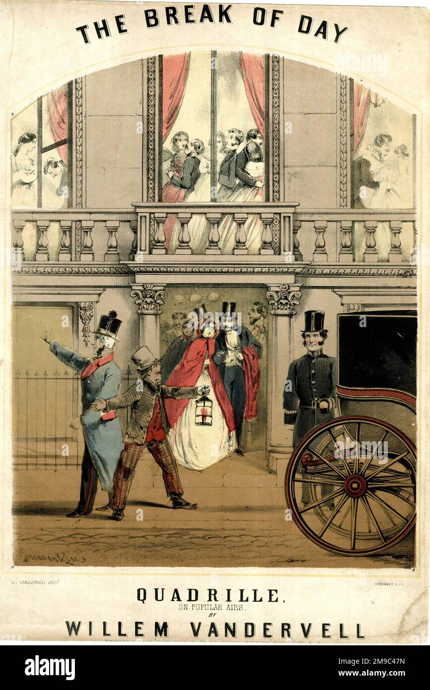 Music cover, The Break of Day Quadrille, by Willem Vandervell, with a design by Alfred Concanen, showing people leaving a late-night party Stock Photo