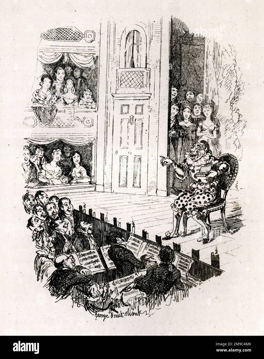 Joseph Grimaldi, actor and clown, performing a final song at his Farewell Benefit at Drury Lane Theatre, London, sitting on a chair as he was too weak to stand Stock Photo