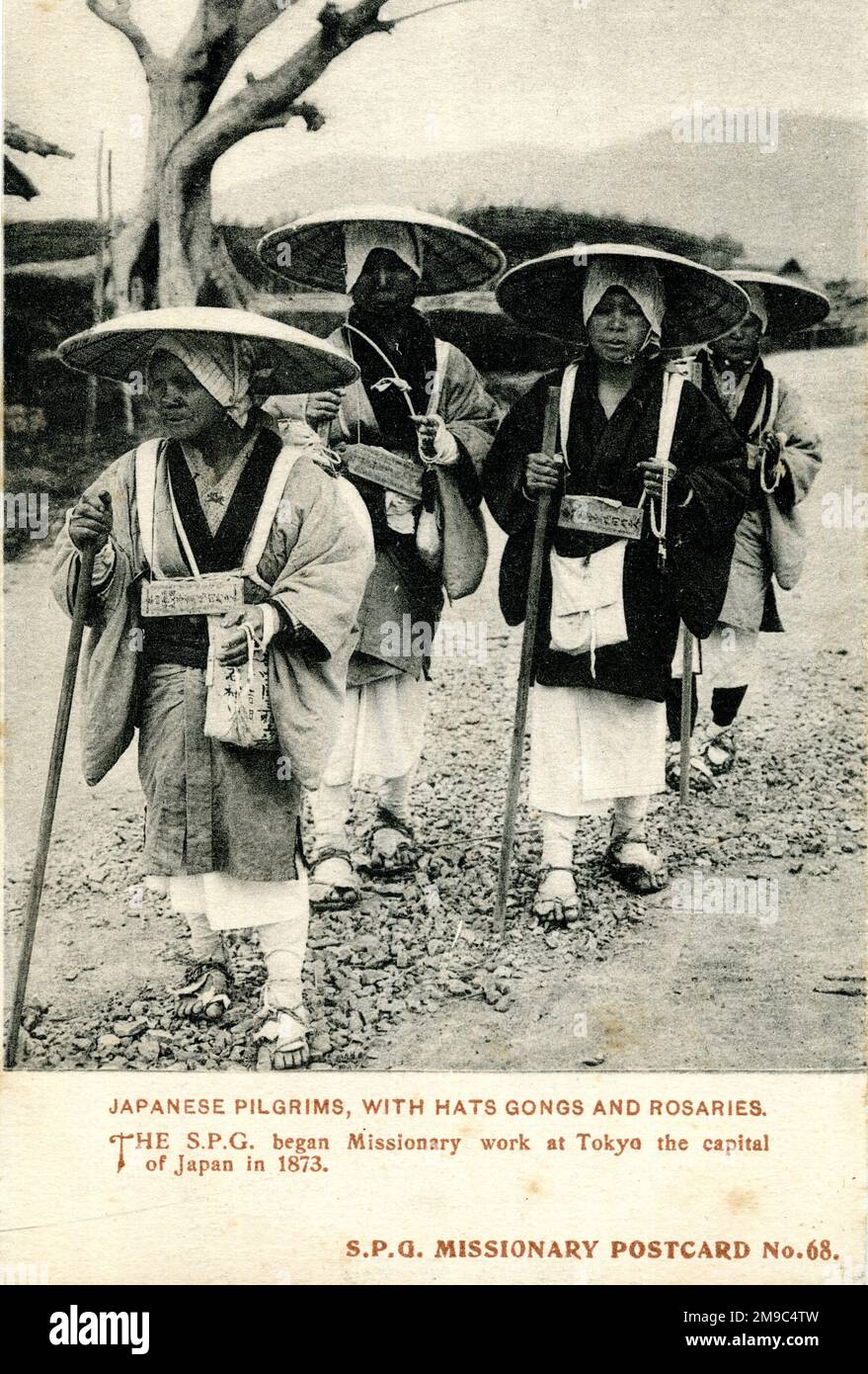 Japanese pilgrims with hats, gongs and rosaries - Society for the Propagation of the Gospel in Foreign Parts Stock Photo