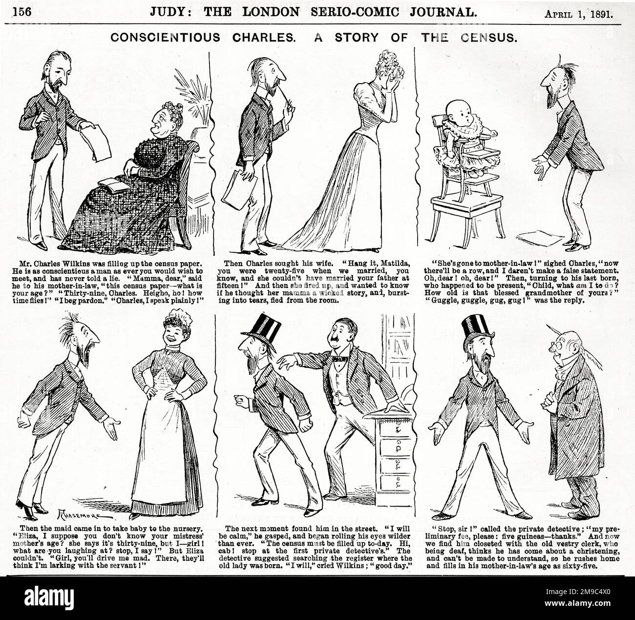 Cartoons, Conscientious Charles, A Story of the Census - trying to complete the census form accurately, he tries to discover his mother-in-law's true age Stock Photo